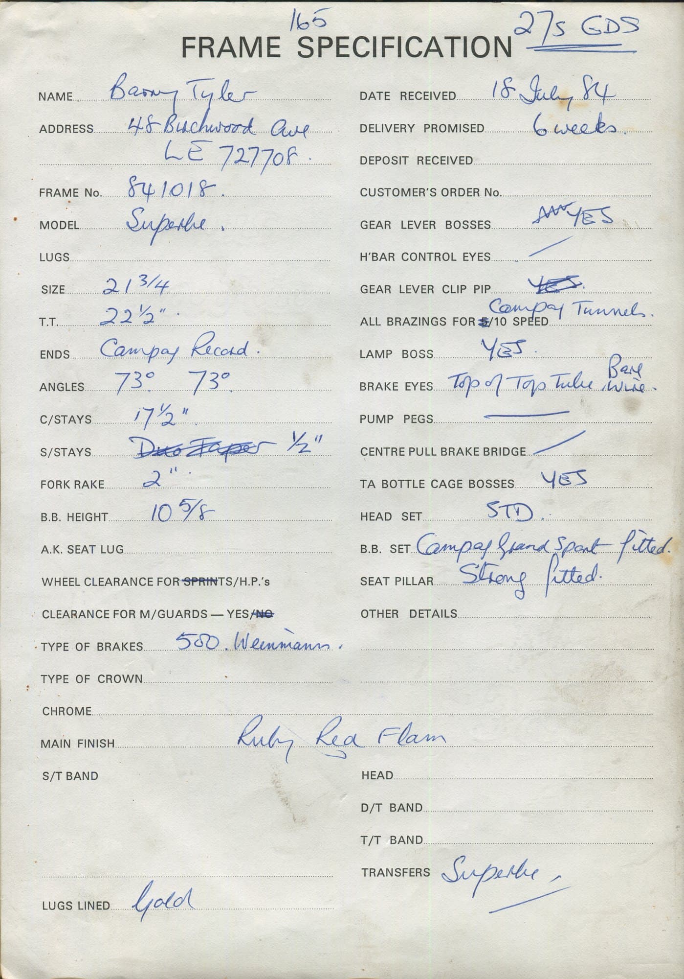 Workshop sheet for Superbe frame 841018