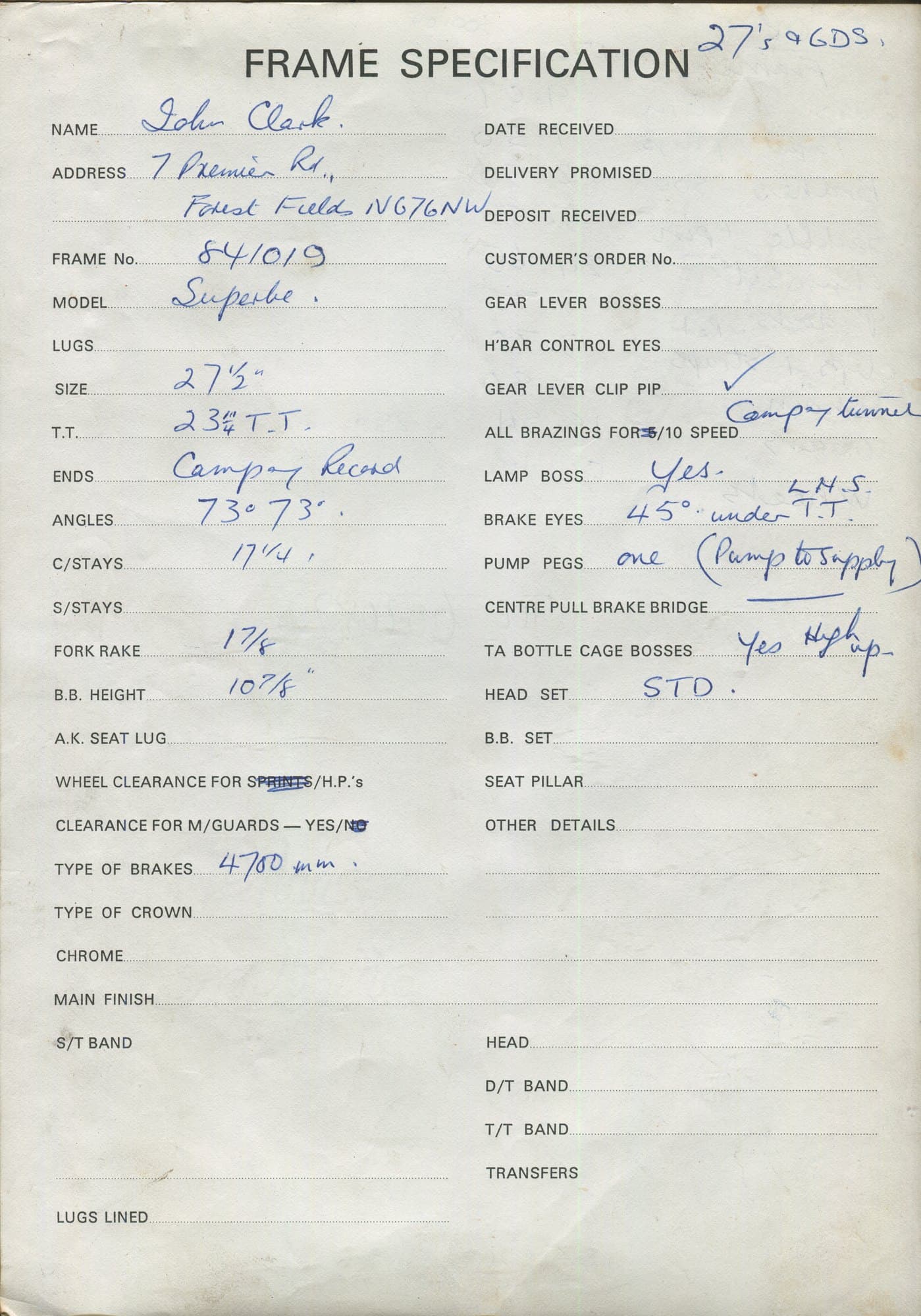 Workshop sheet for Superbe frame 841019