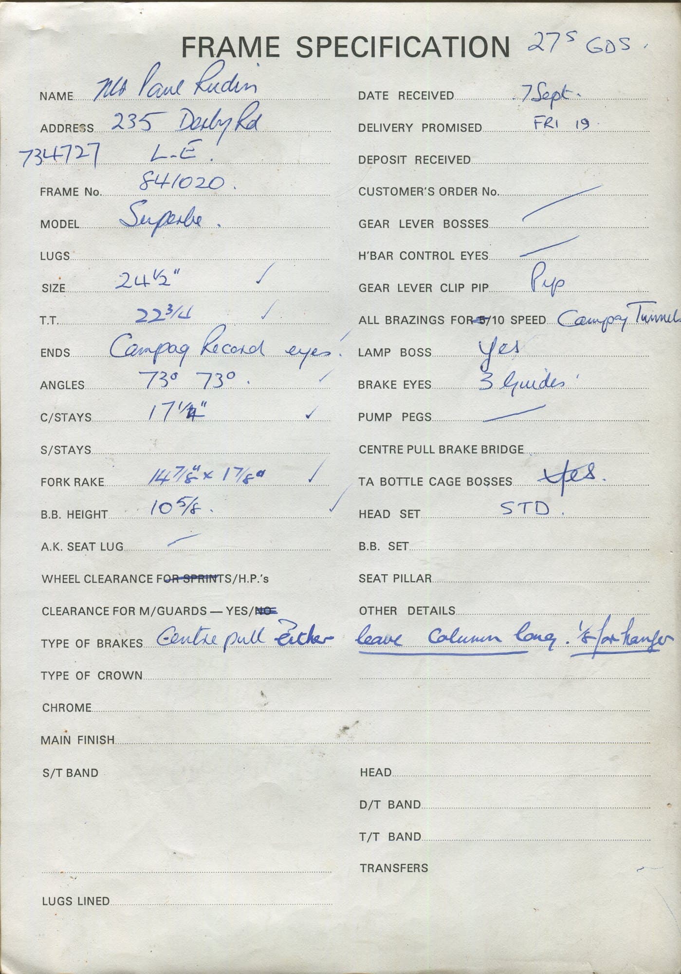 Workshop sheet for Superbe frame 841020