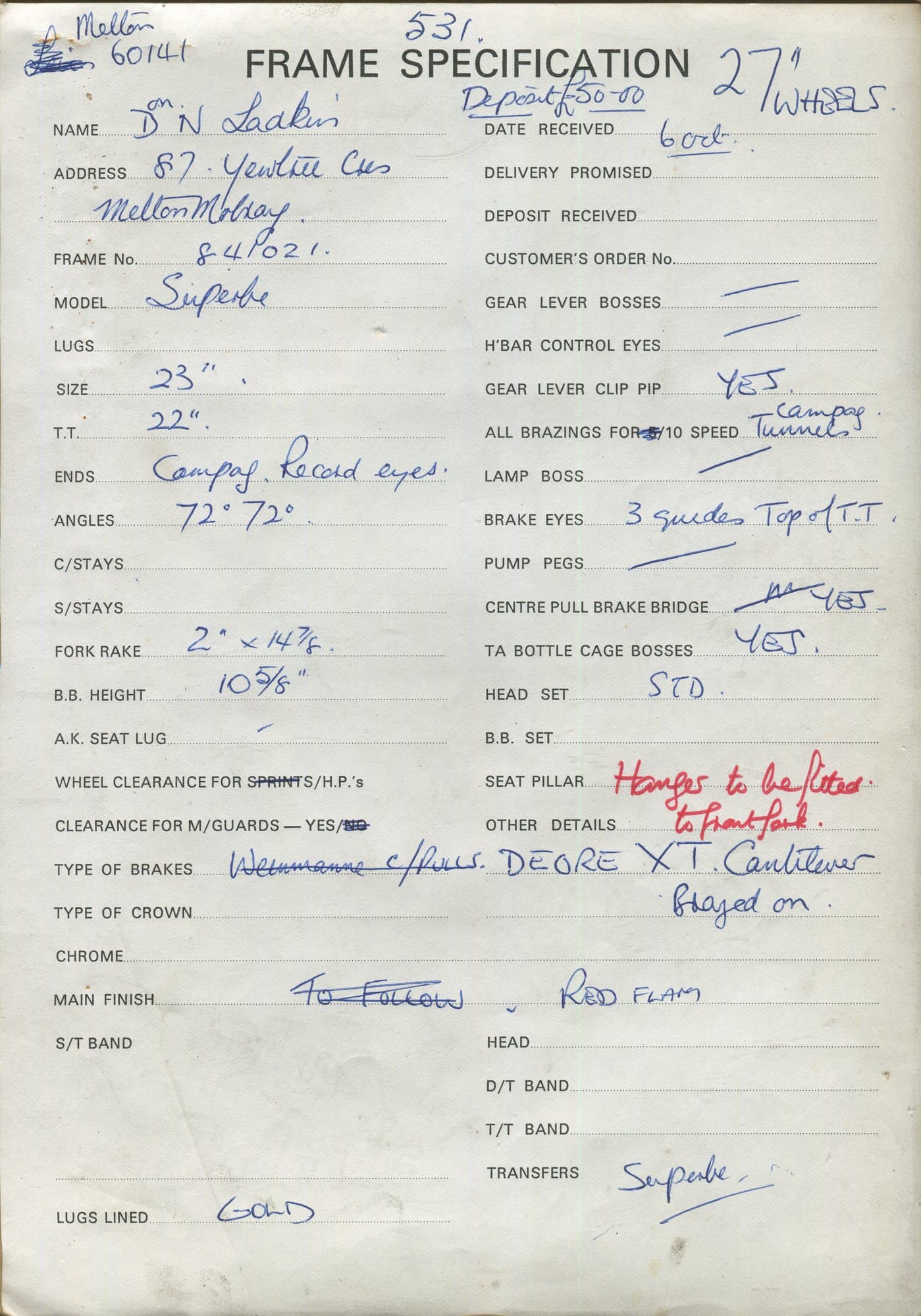 Workshop sheet for Superbe frame 841021