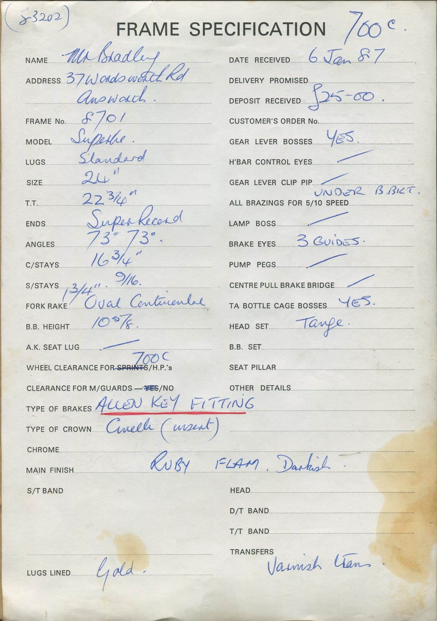 Workshop sheet for Superbe frame 8701
