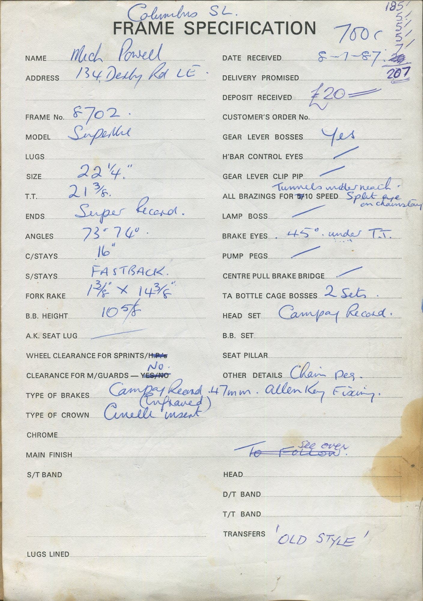 Workshop sheet for Superbe frame 8702