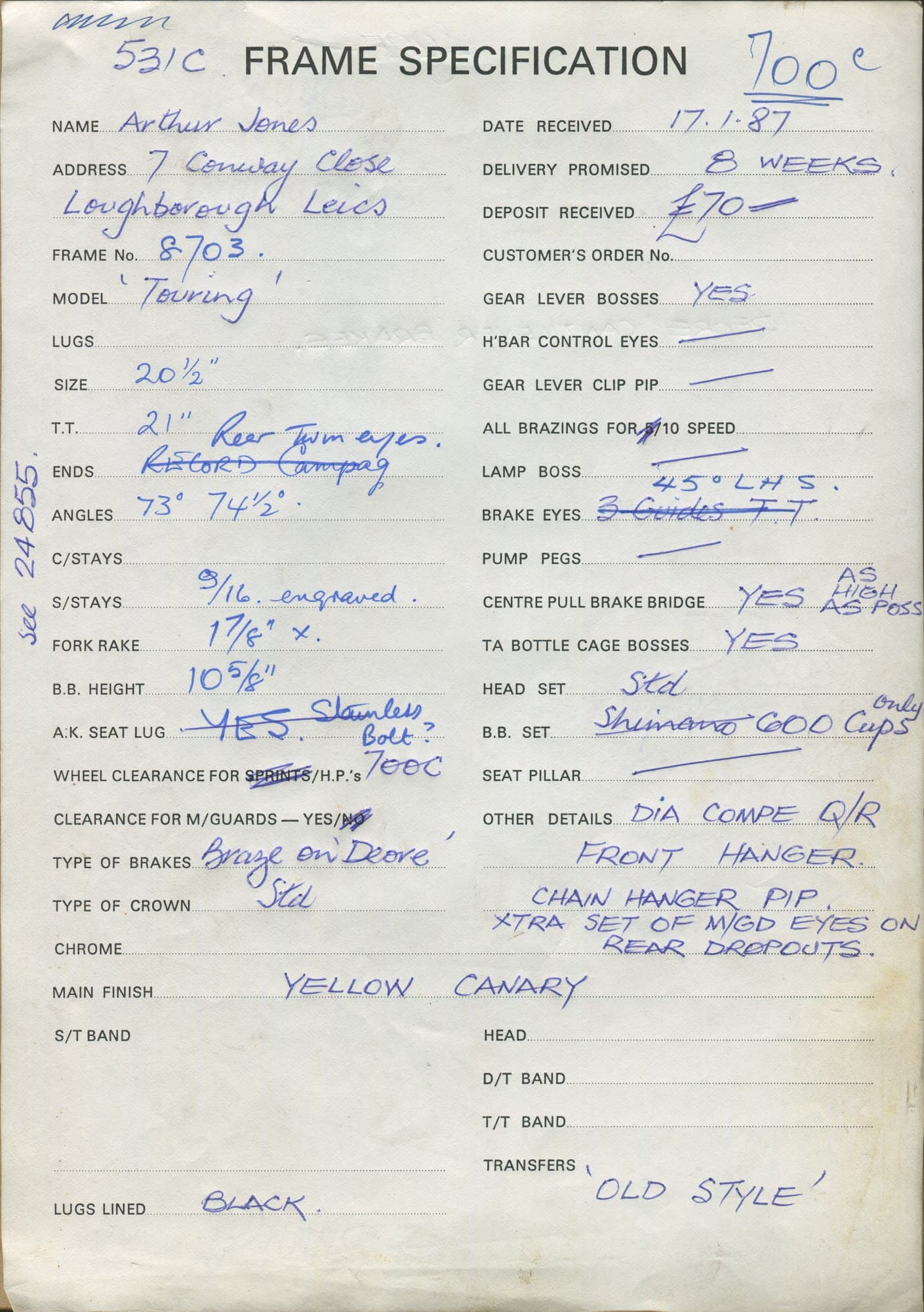 Workshop sheet for Superbe frame 8703