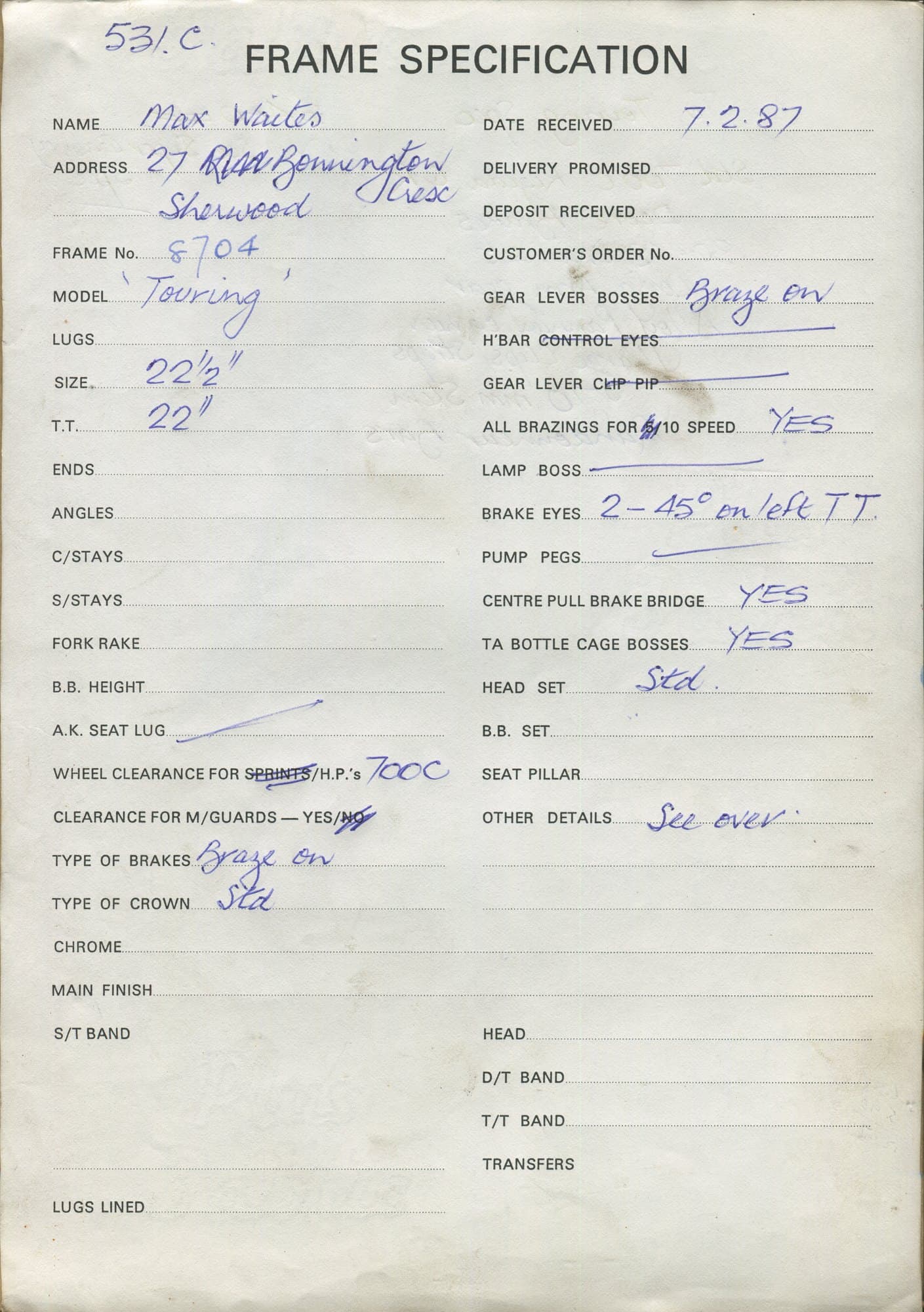 Workshop sheet for Superbe frame 8704