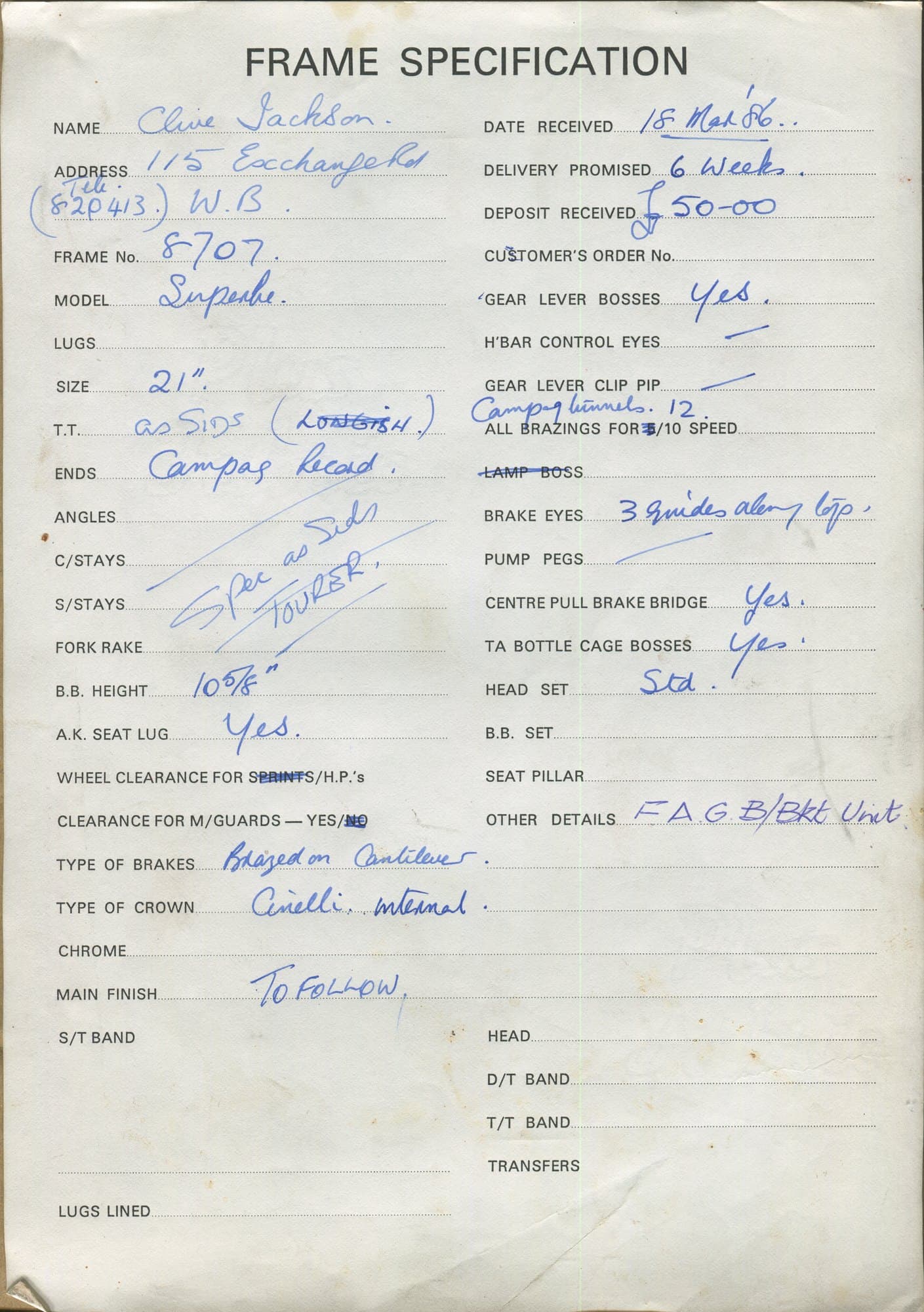 Workshop sheet for Superbe frame 8707