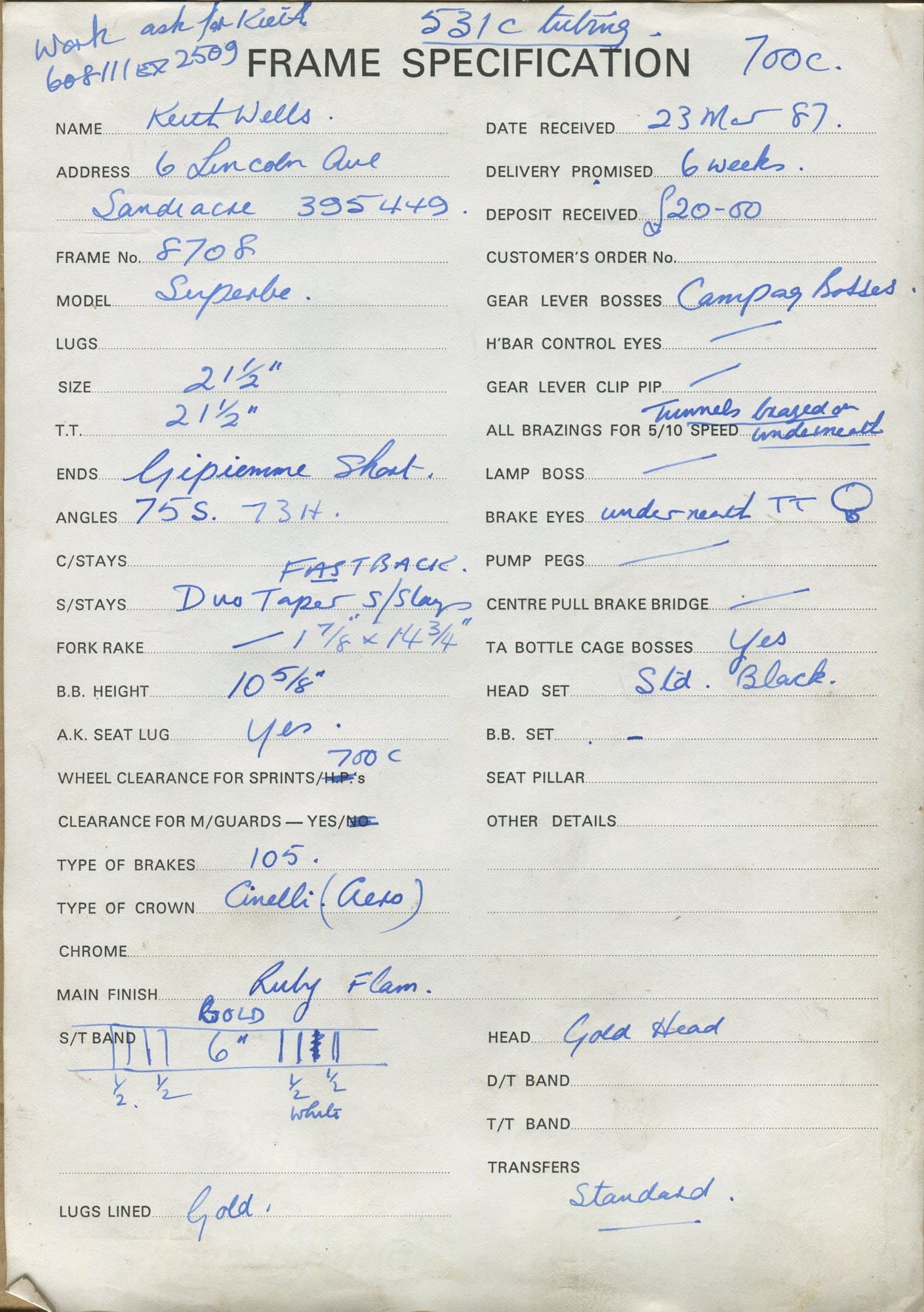 Workshop sheet for Superbe frame 8708