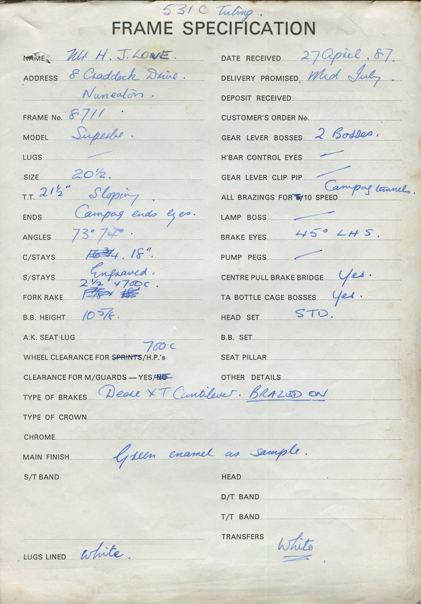 Workshop sheet for Superbe frame 8711