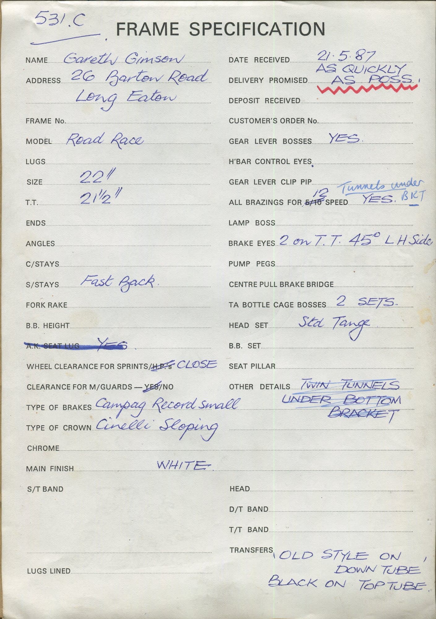 Workshop sheet for Superbe frame 8712