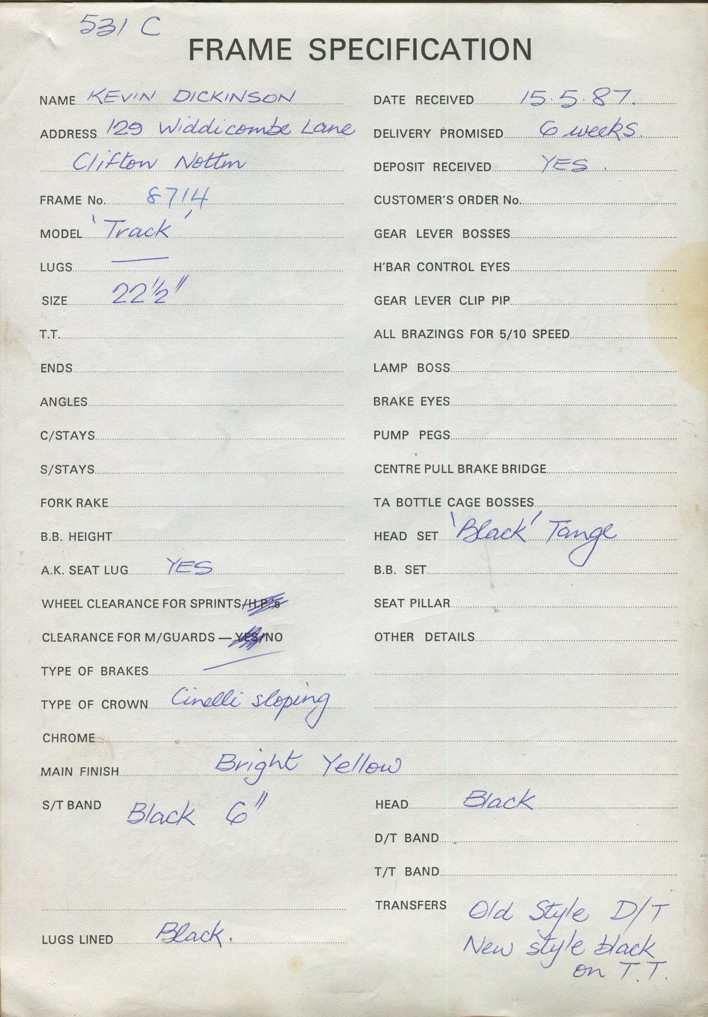 Workshop sheet for Superbe frame 8714