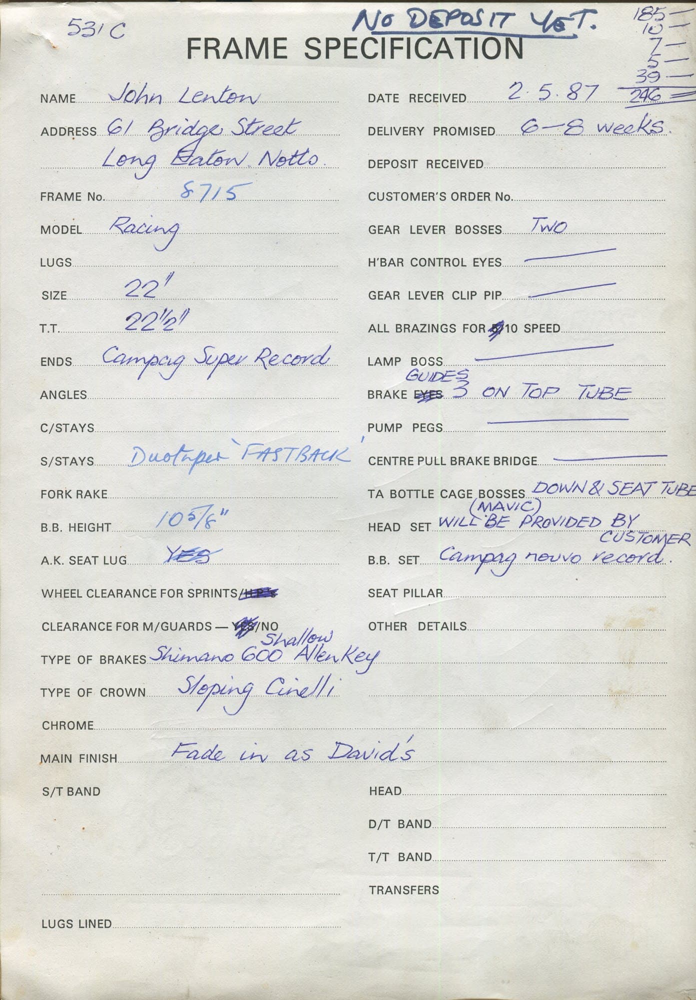 Workshop sheet for Superbe frame 8715