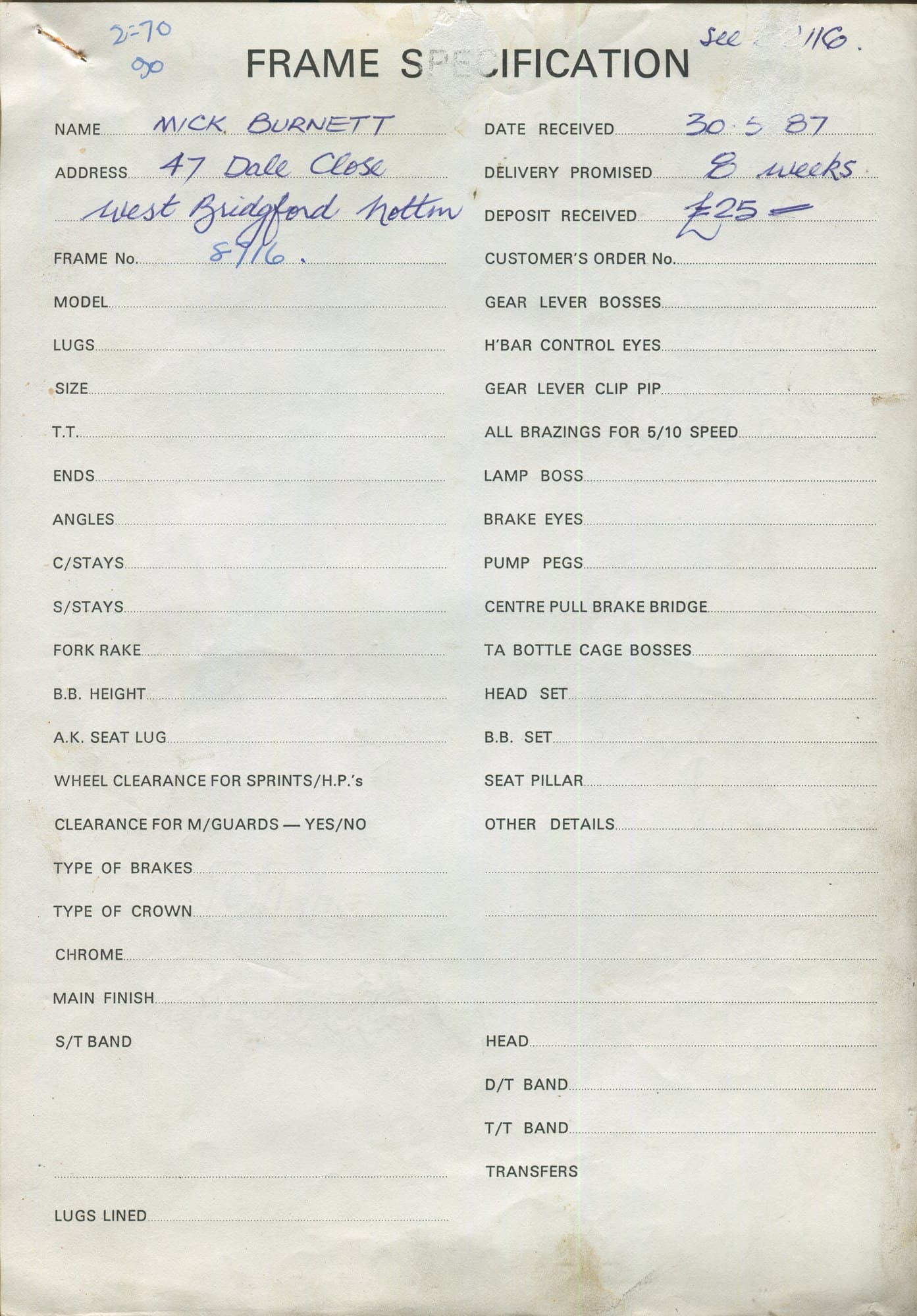 Workshop sheet for Superbe frame 8716