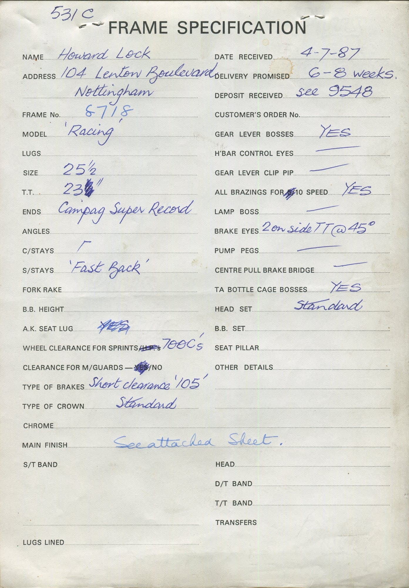 Workshop sheet for Superbe frame 8718