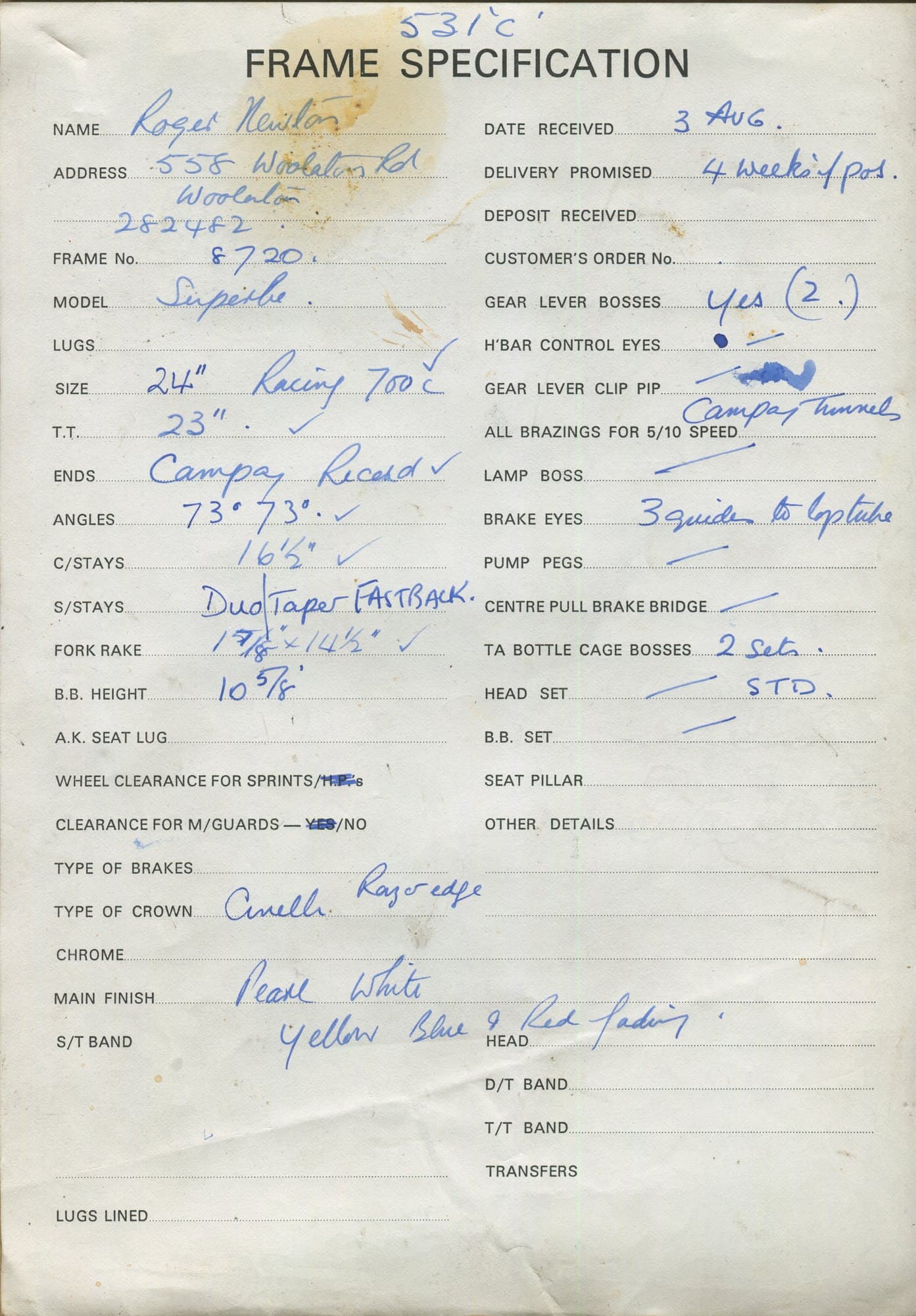 Workshop sheet for Superbe frame 8720