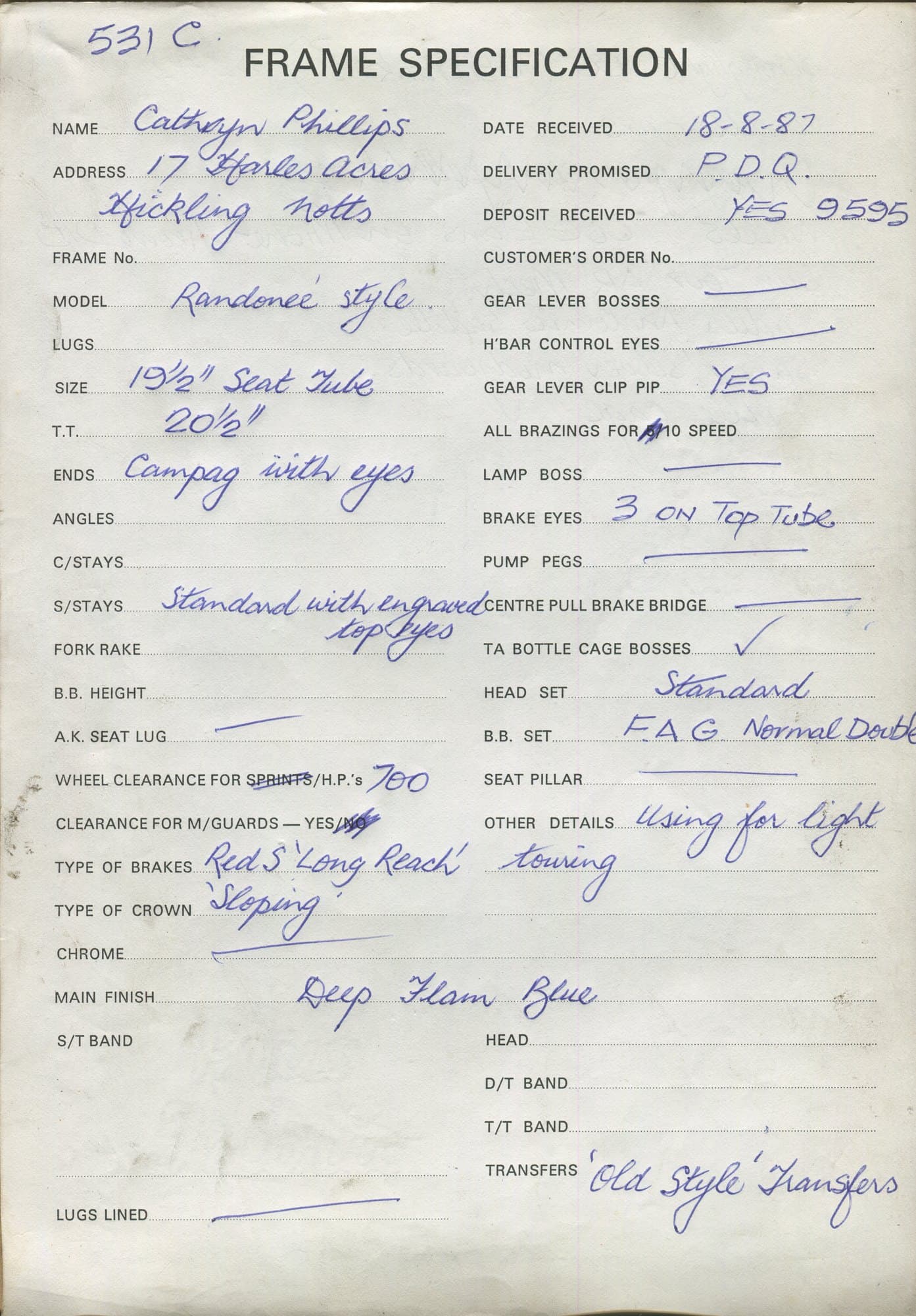 Workshop sheet for Superbe frame 8721