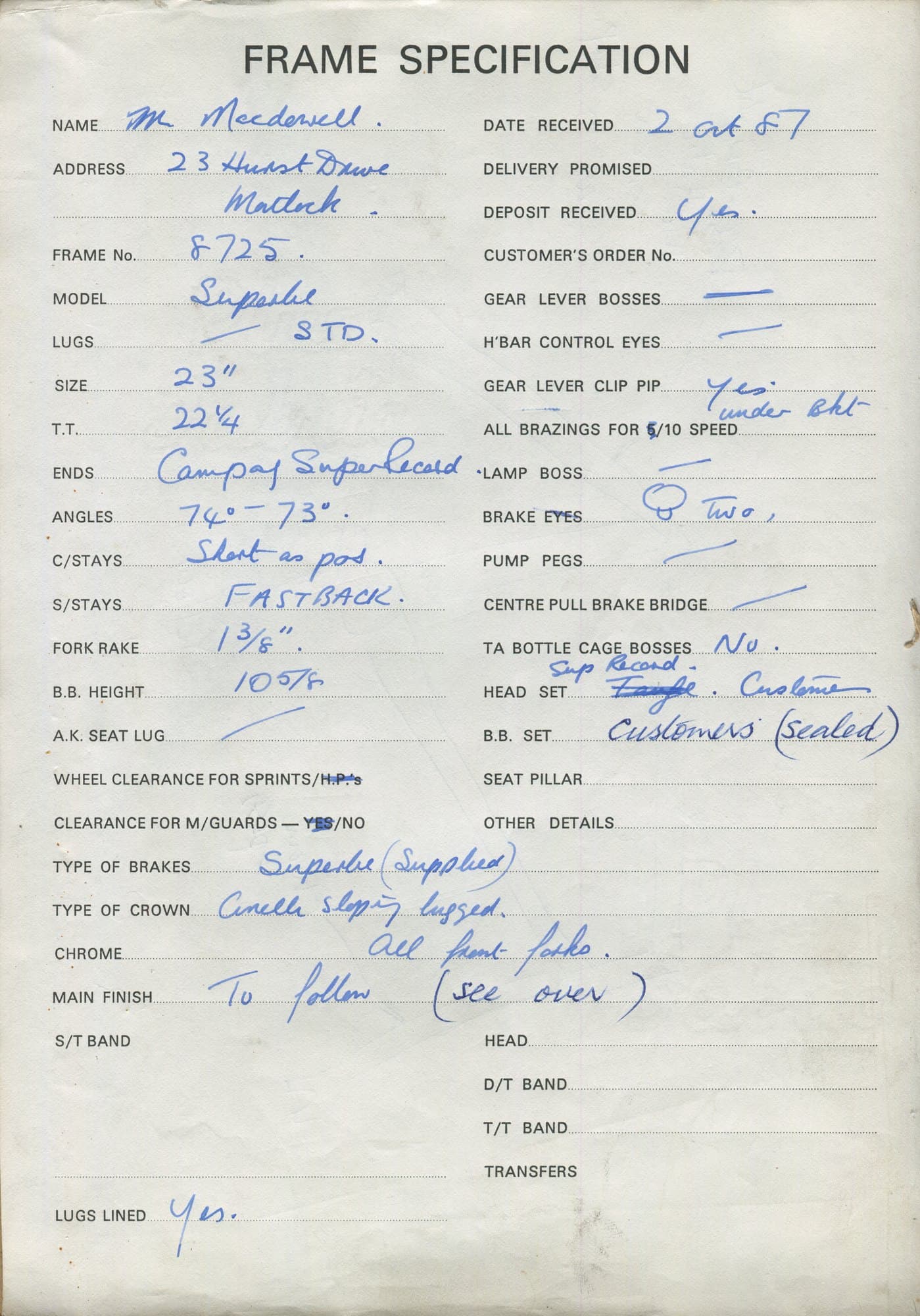Workshop sheet for Superbe frame 8725