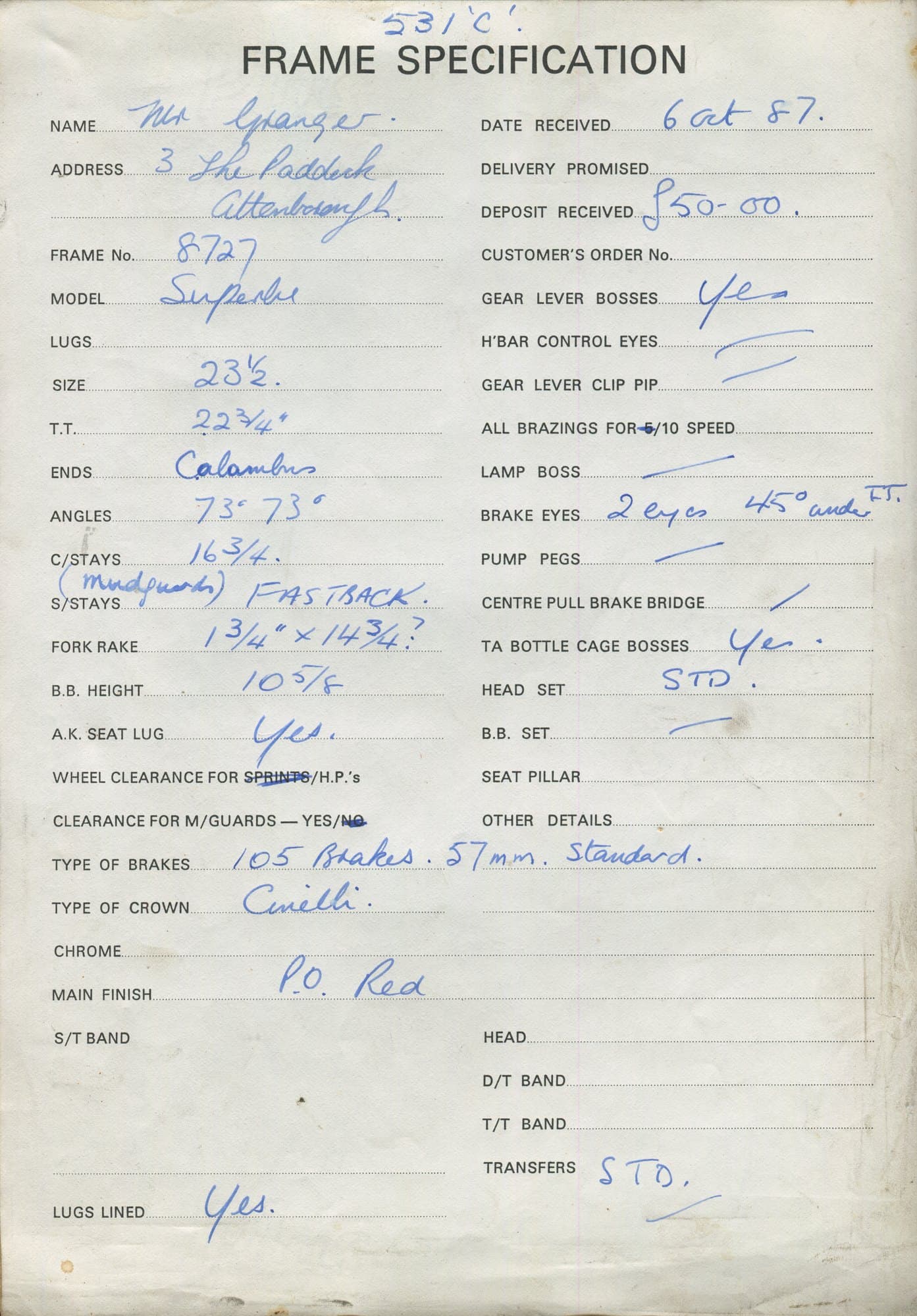 Workshop sheet for Superbe frame 8727
