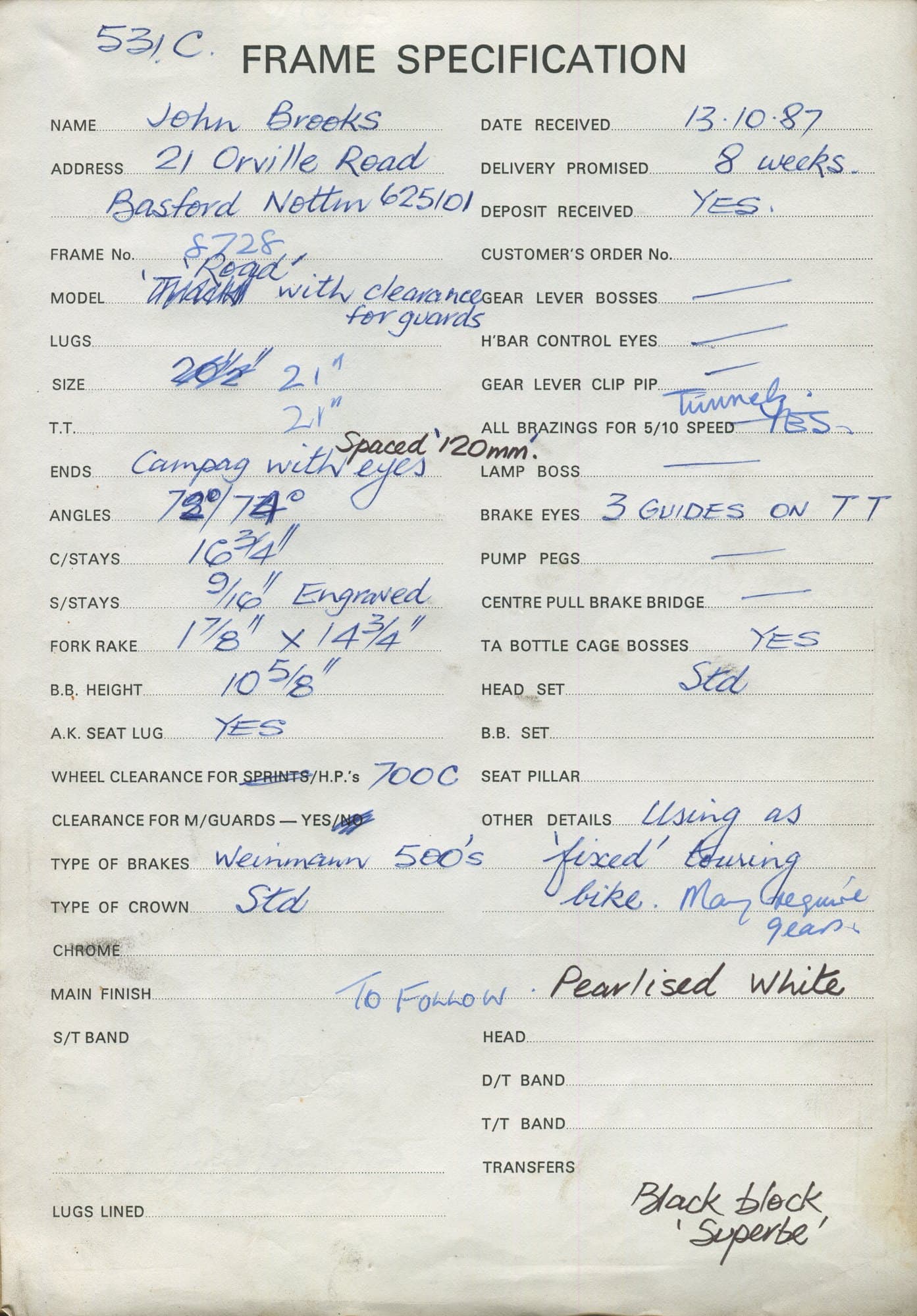Workshop sheet for Superbe frame 8728