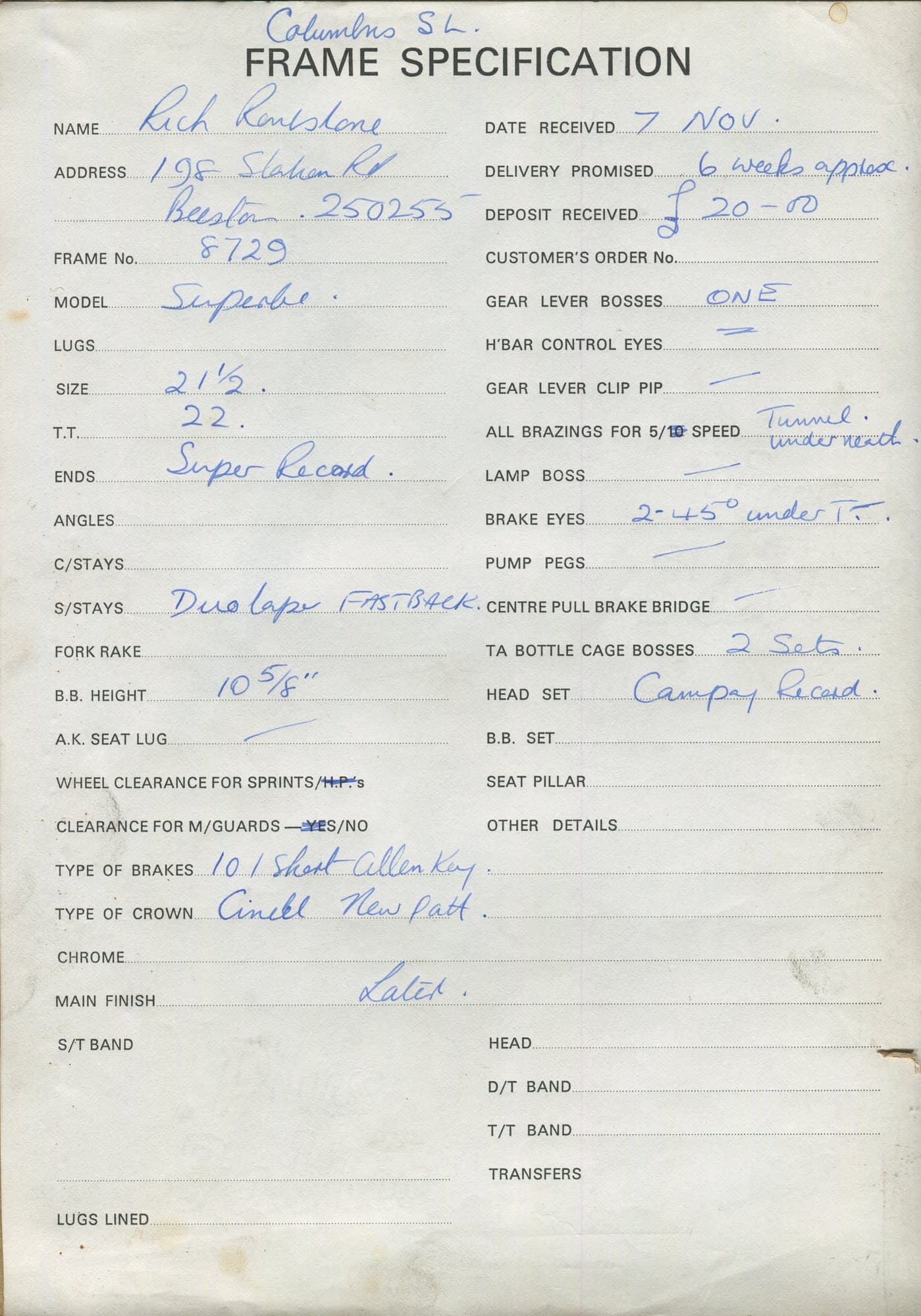 Workshop sheet for Superbe frame 8729