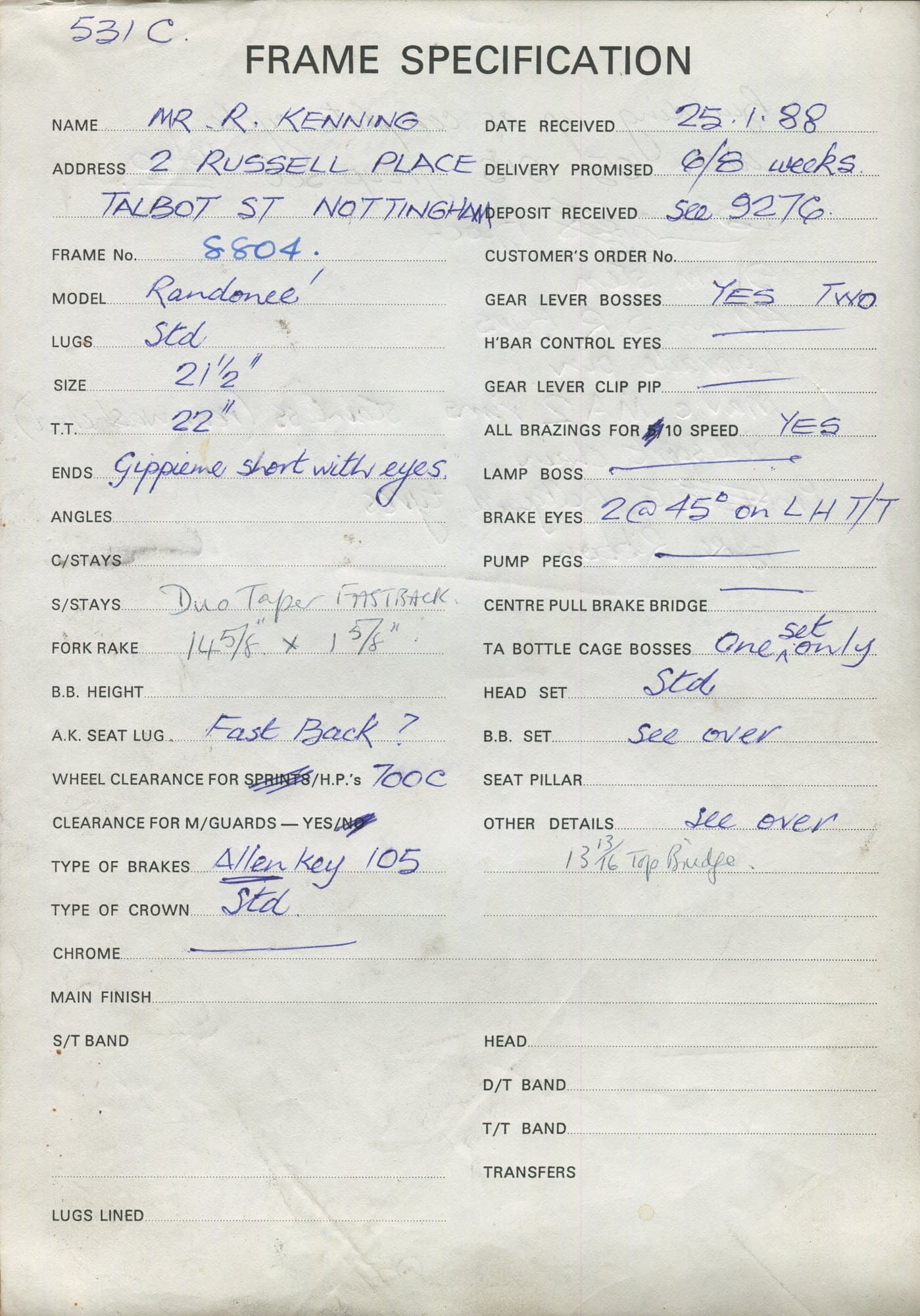 Workshop sheet for Superbe frame 8804