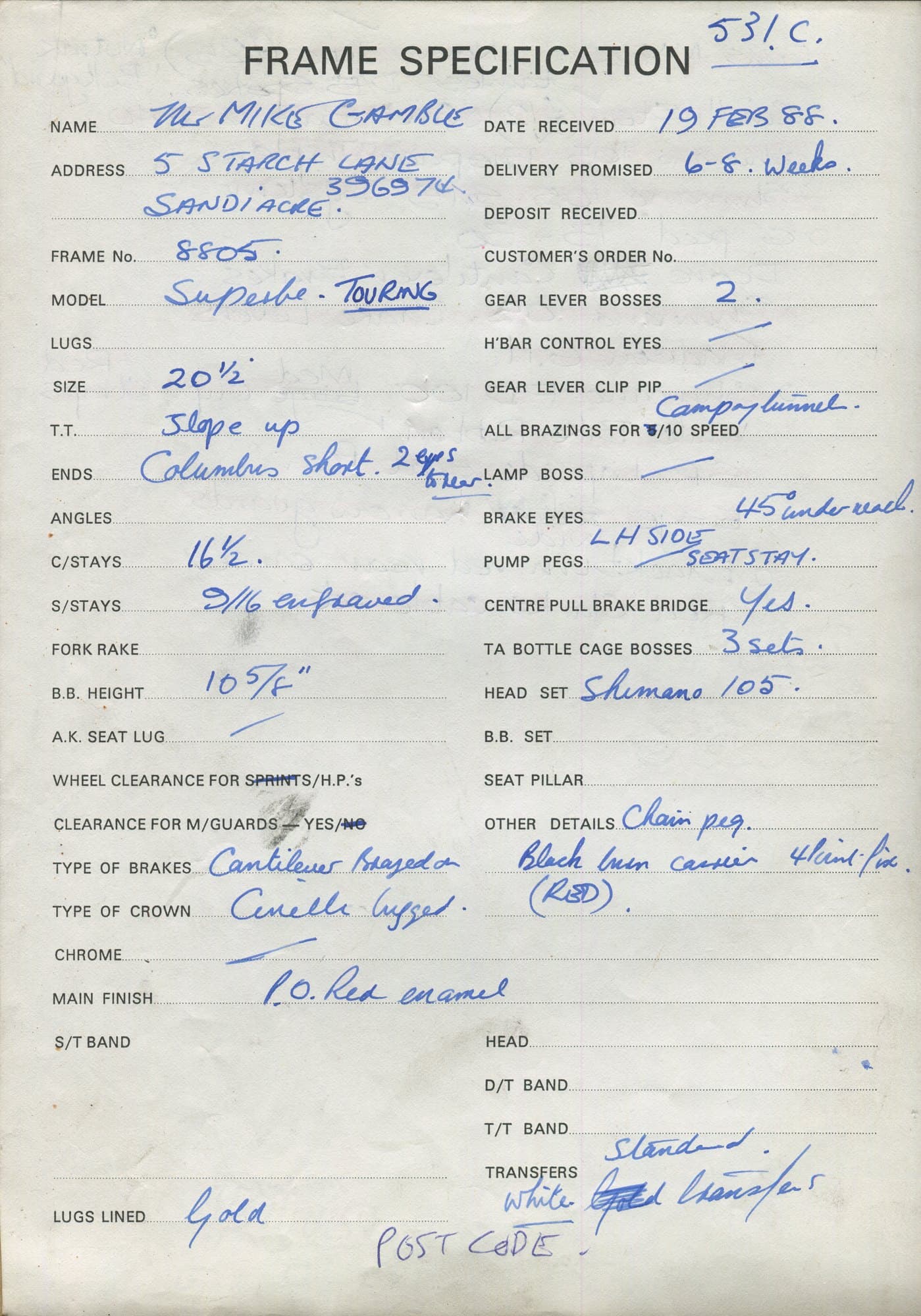 Workshop sheet for Superbe frame 8805