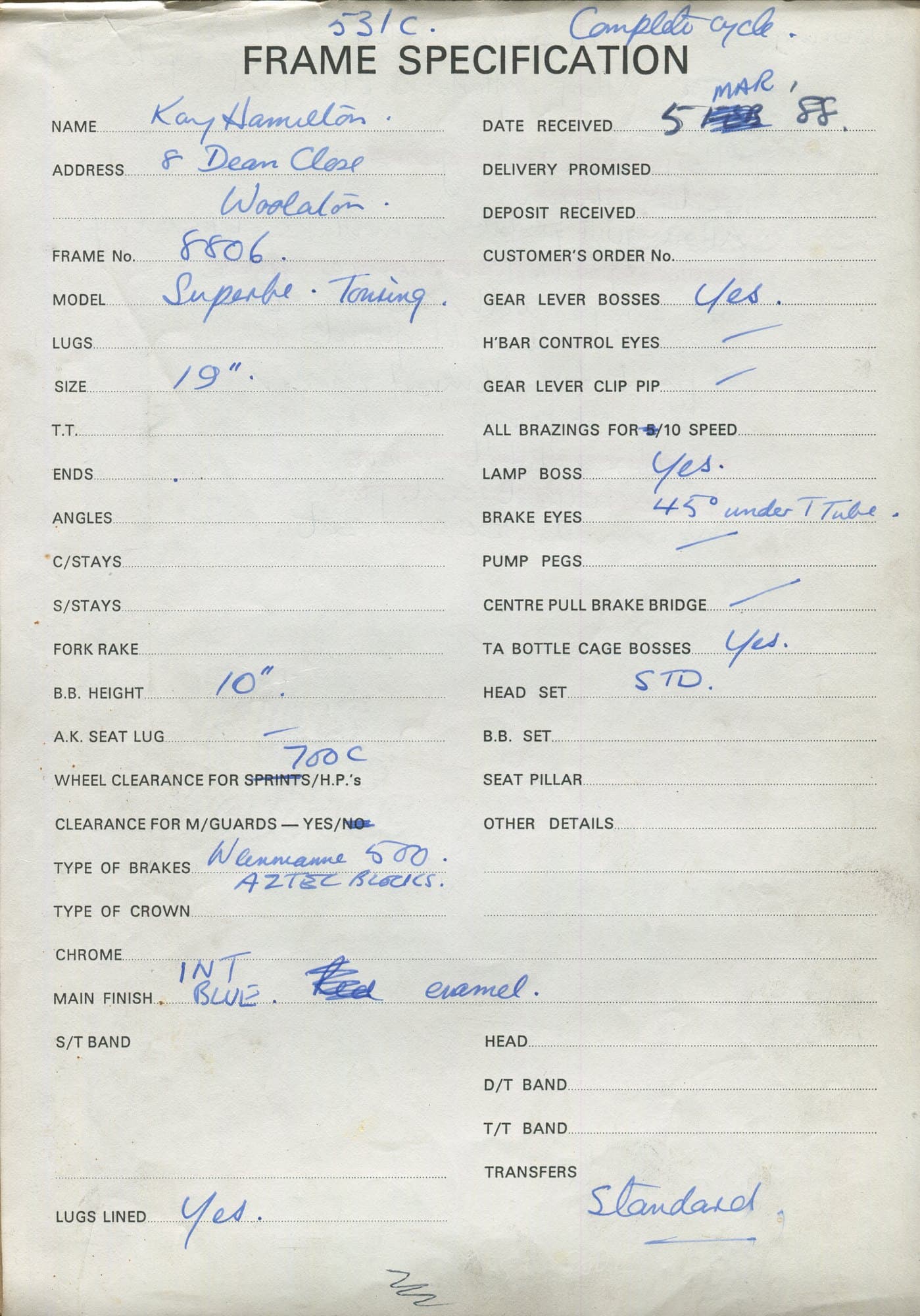 Workshop sheet for Superbe frame 8806