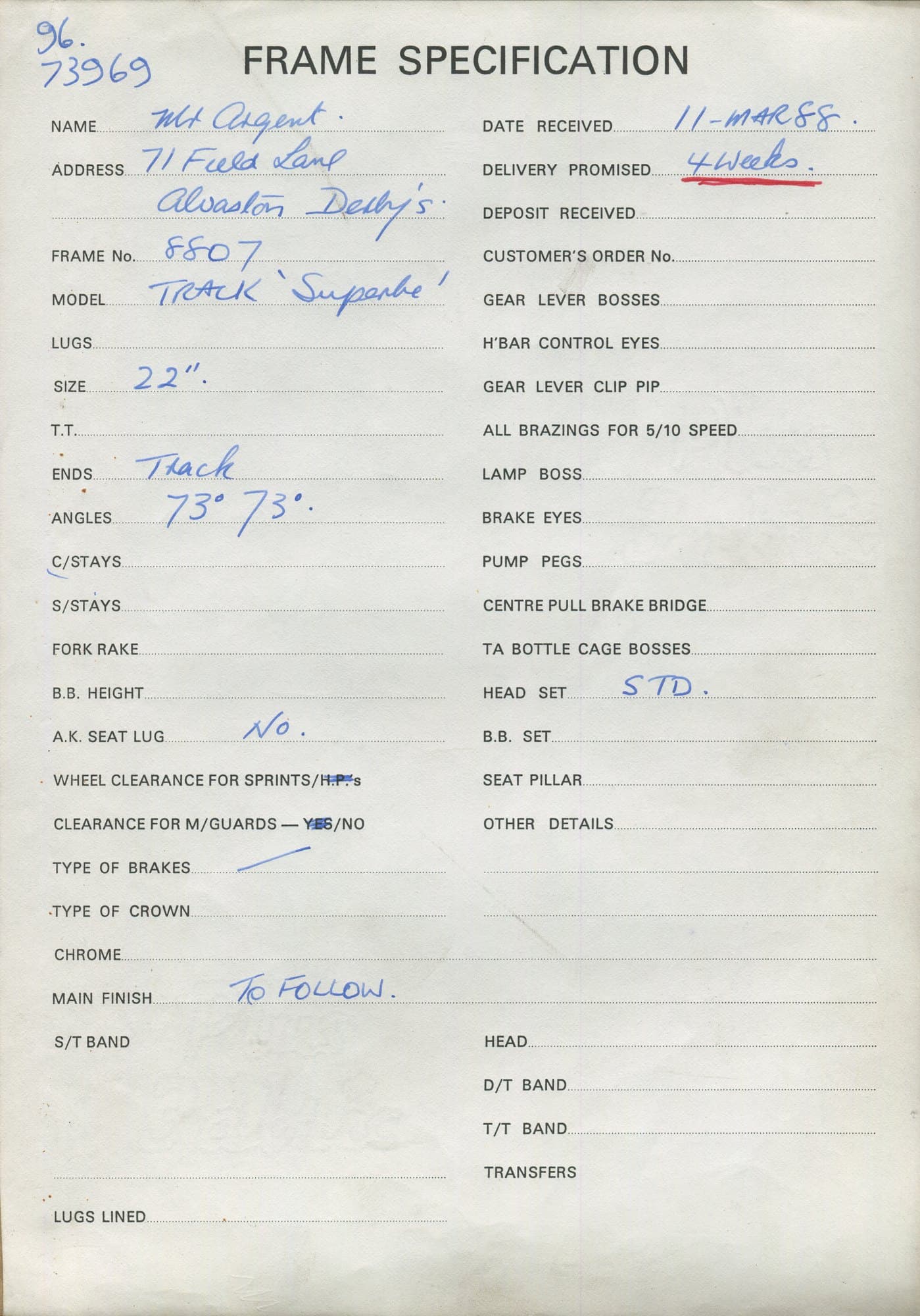 Workshop sheet for Superbe frame 8807
