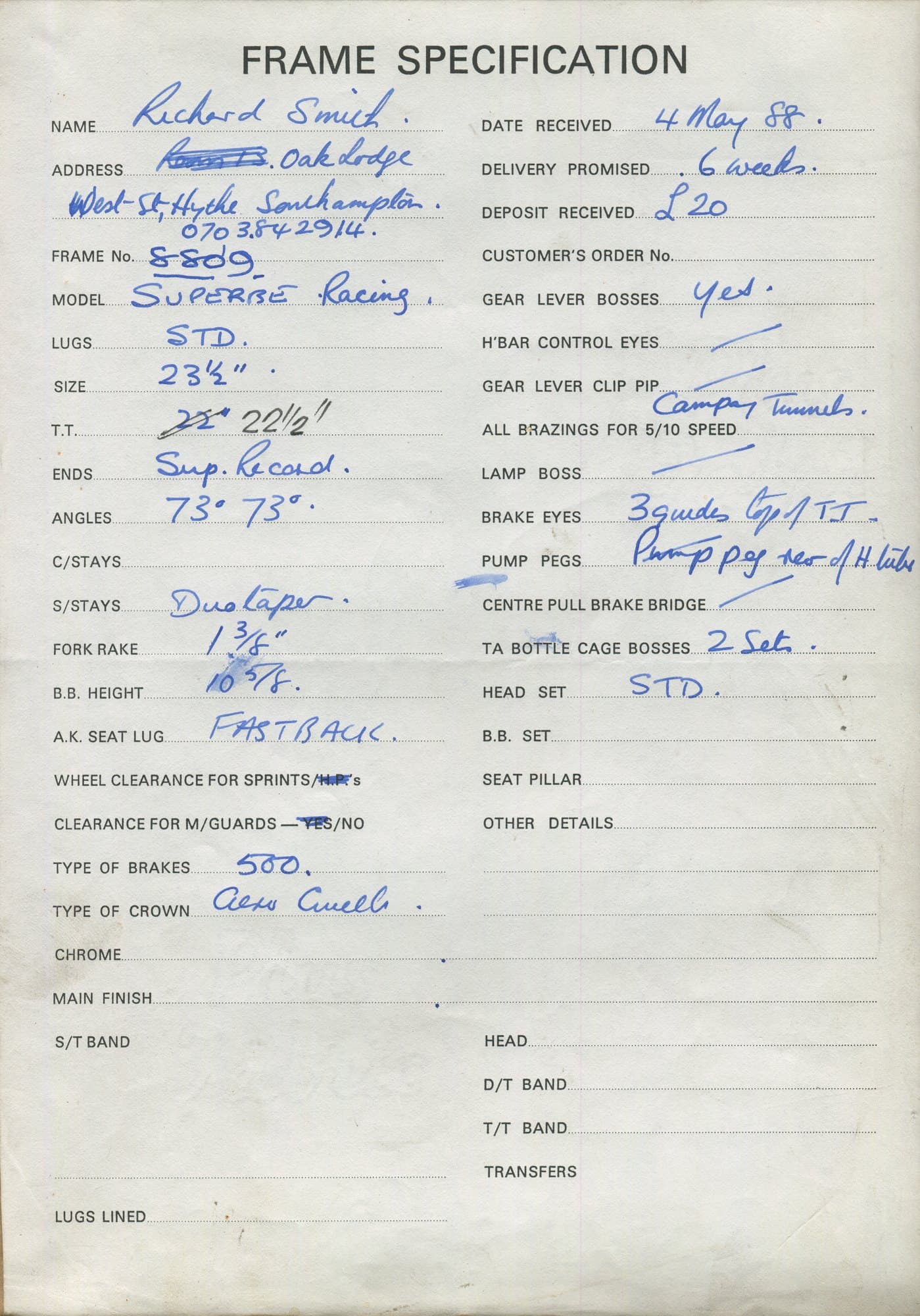 Workshop sheet for Superbe frame 8809