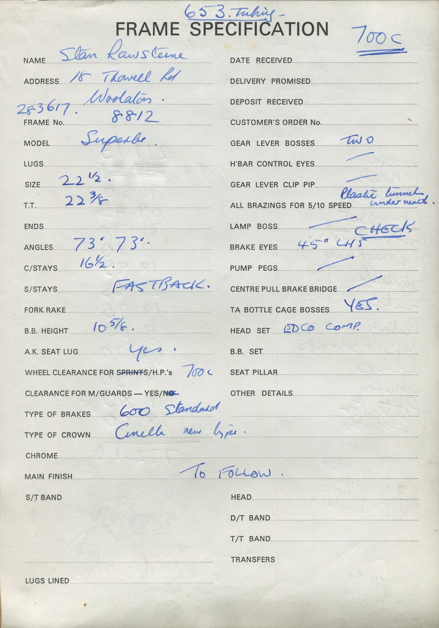 Workshop sheet for Superbe frame 8812