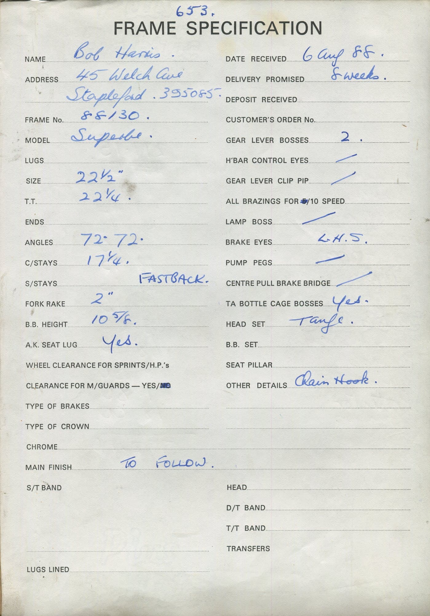 Workshop sheet for Superbe frame 8813