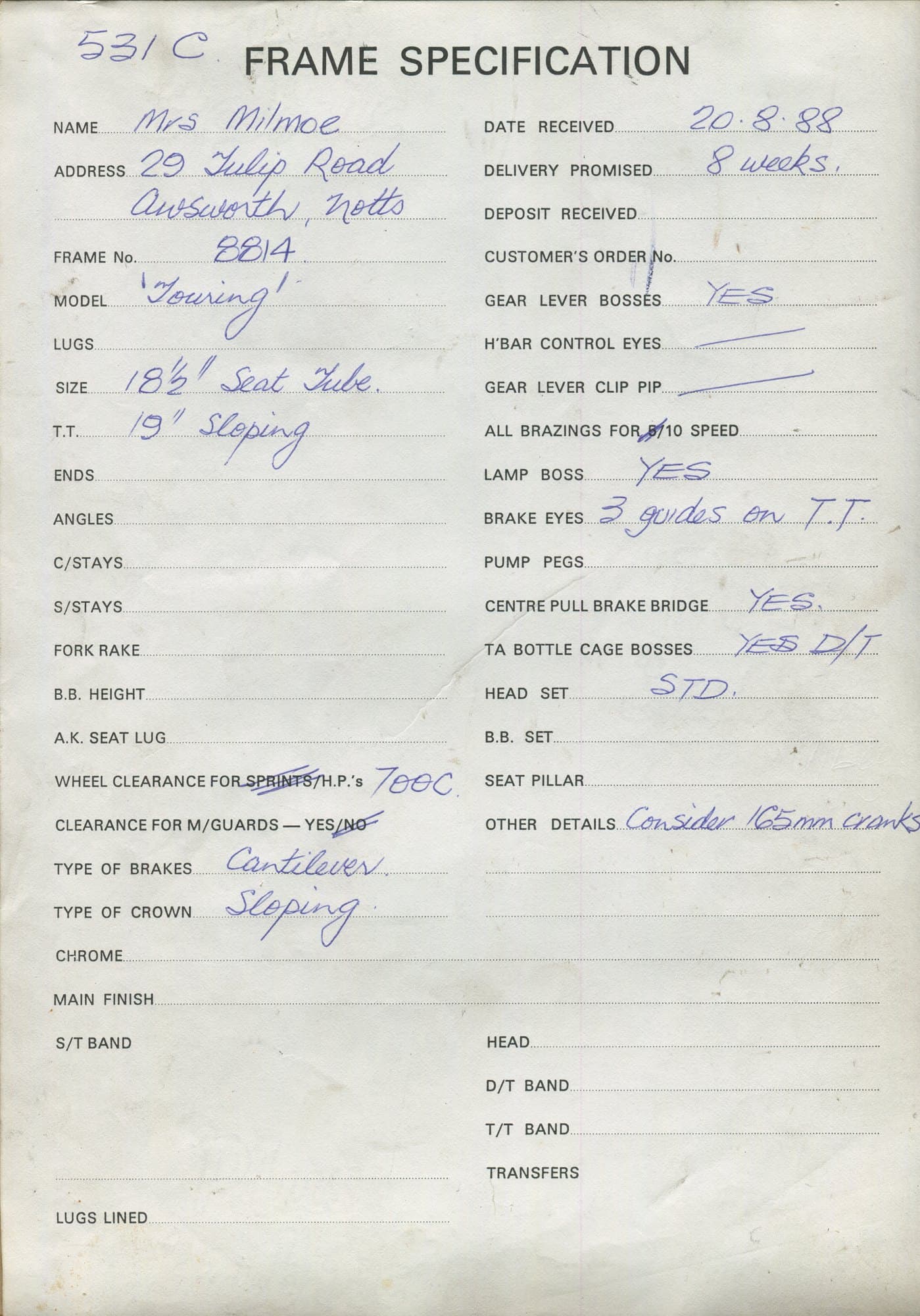Workshop sheet for Superbe frame 8814