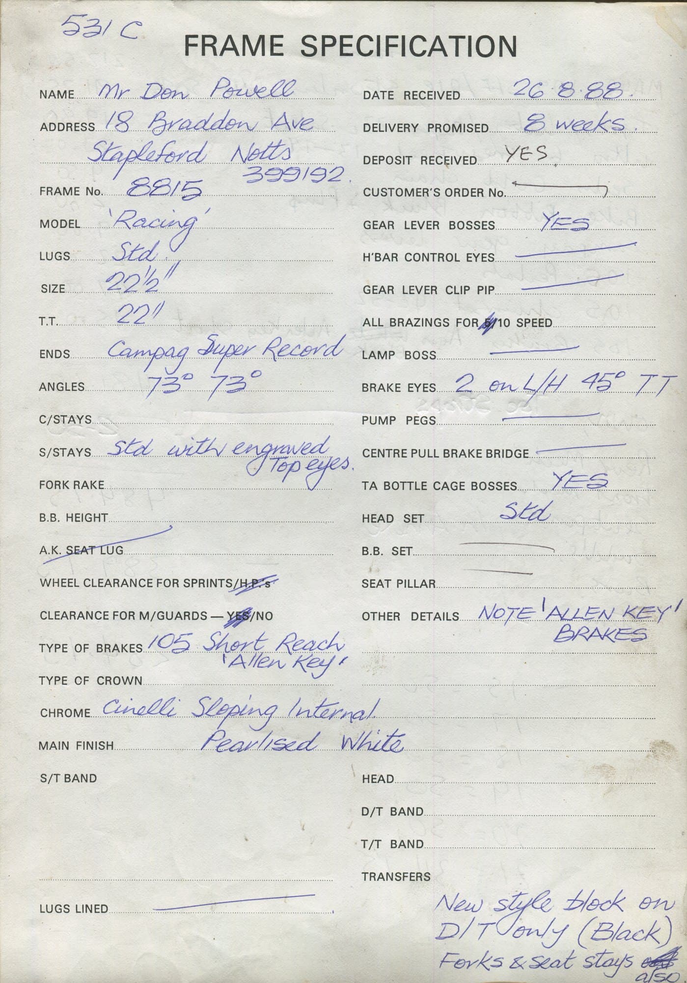 Workshop sheet for Superbe frame 8815