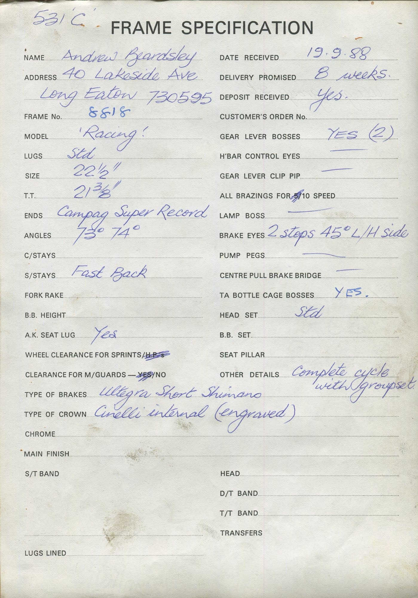 Workshop sheet for Superbe frame 8818
