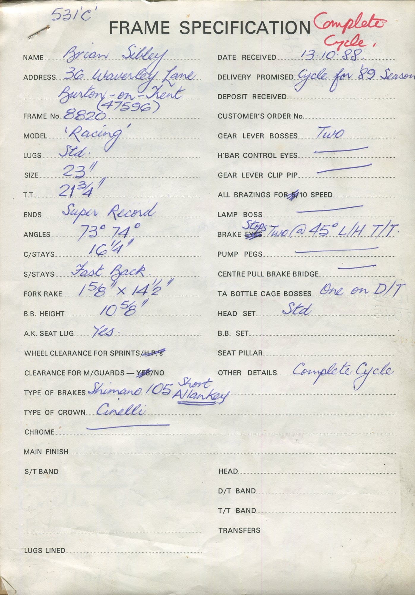 Workshop sheet for Superbe frame 8820