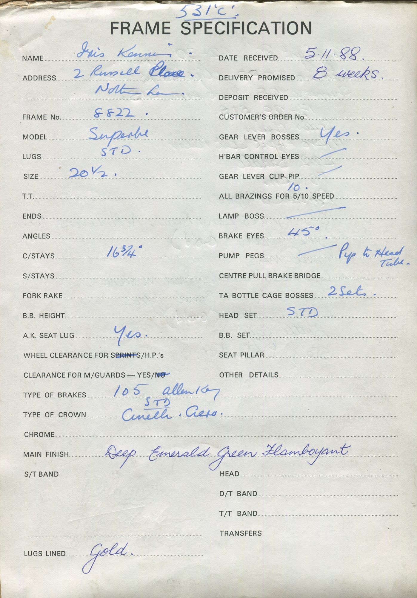 Workshop sheet for Superbe frame 8822