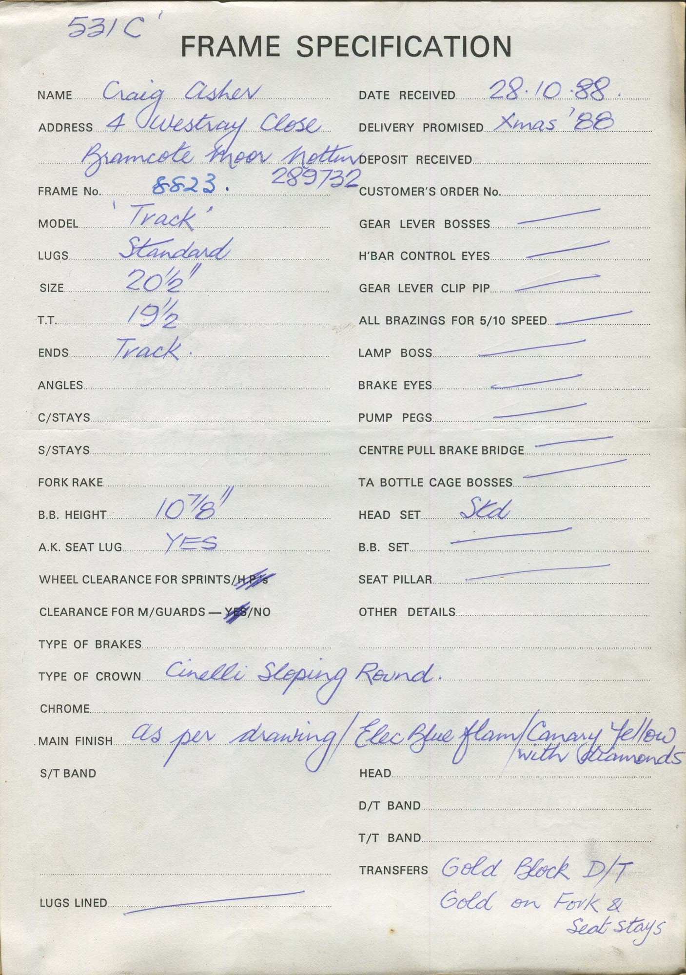 Workshop sheet for Superbe frame 8823