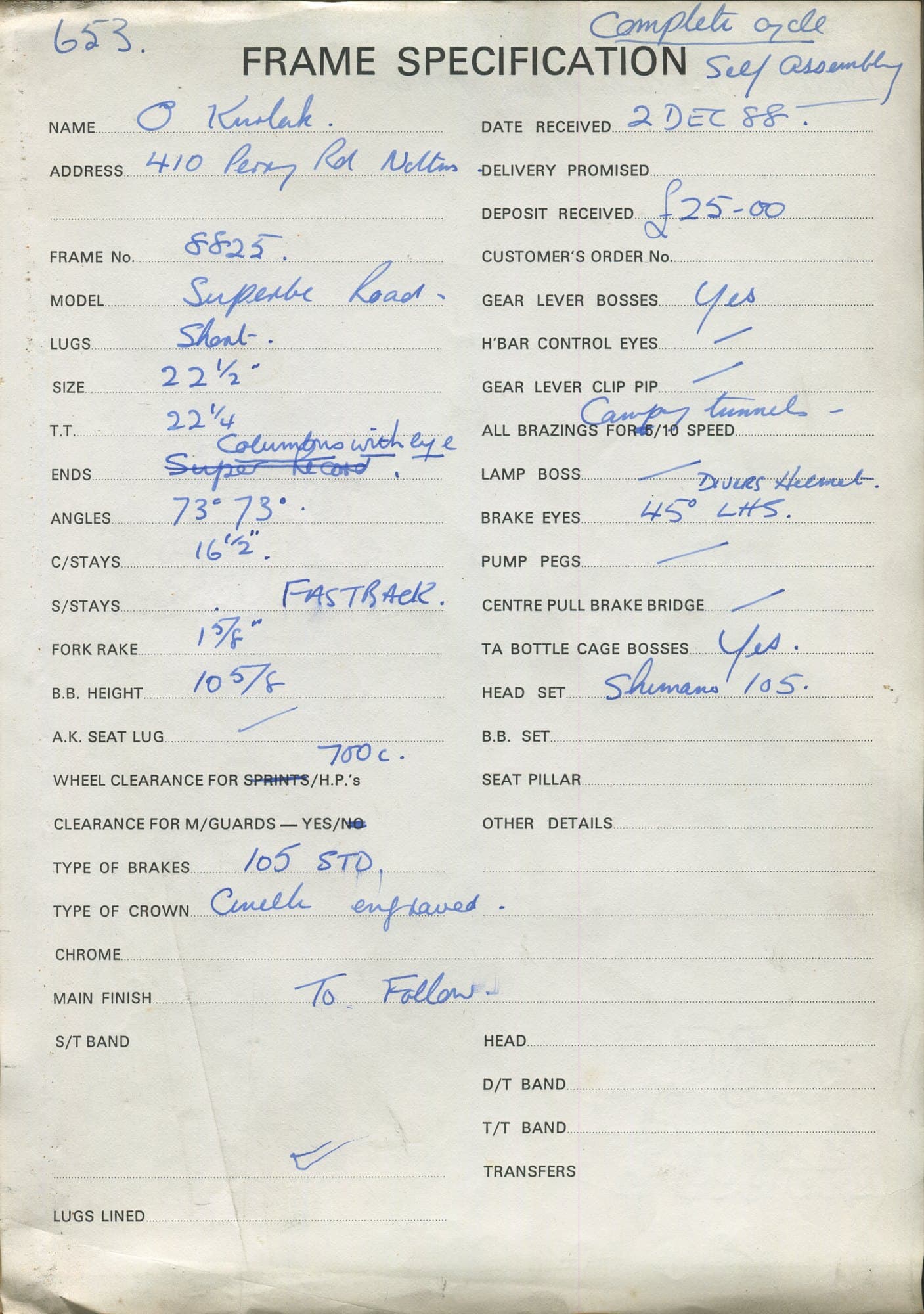 Workshop sheet for Superbe frame 8825
