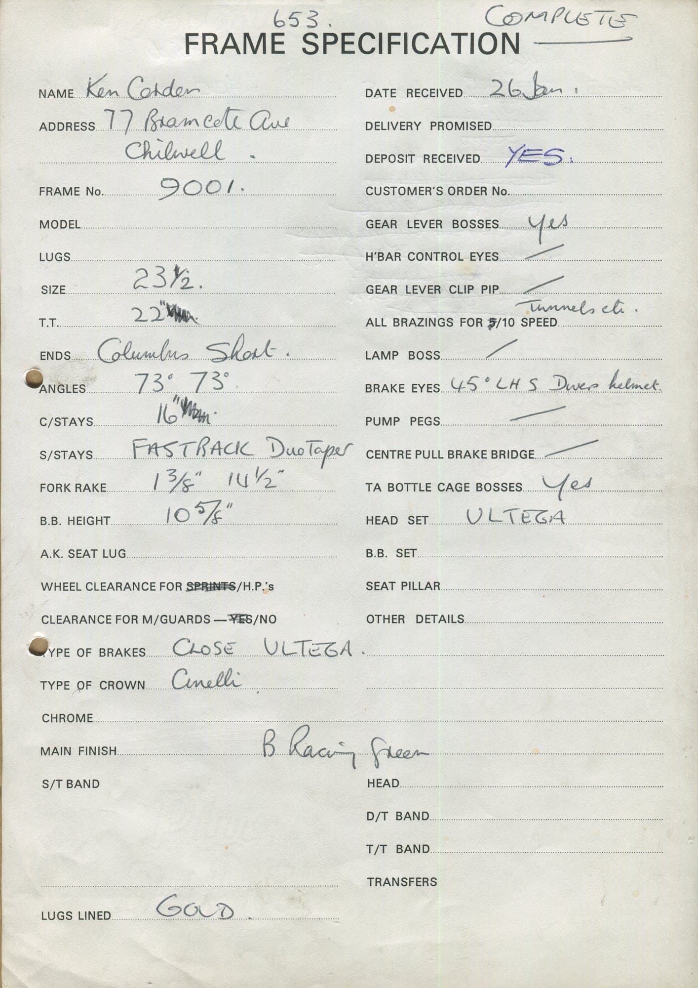 Workshop sheet for Superbe frame 9001