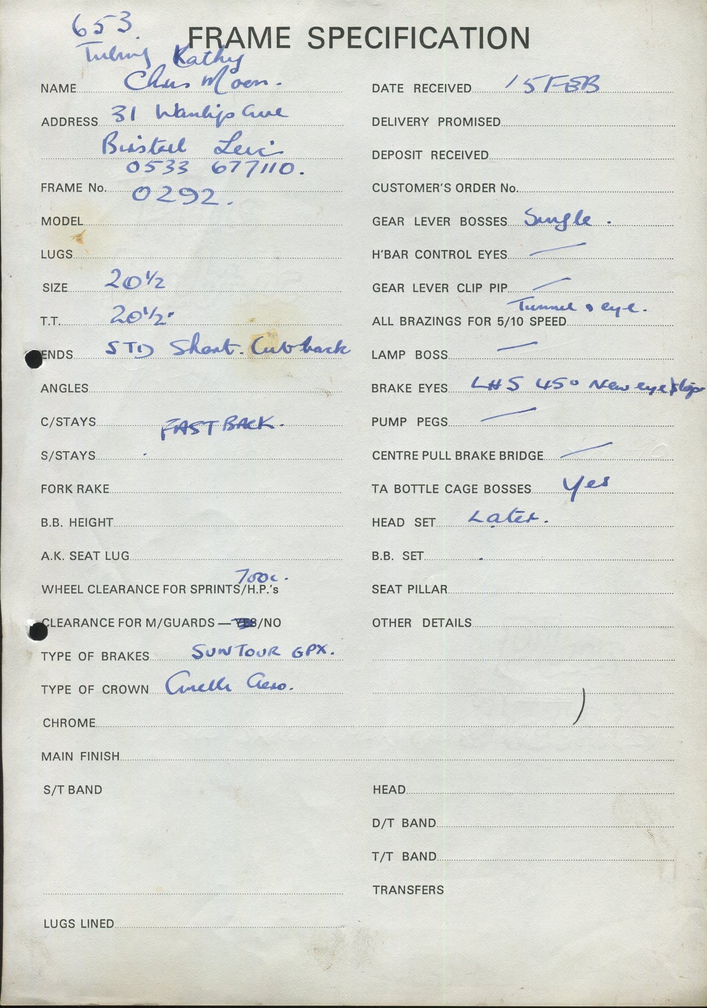 Workshop sheet for Superbe frame 9002