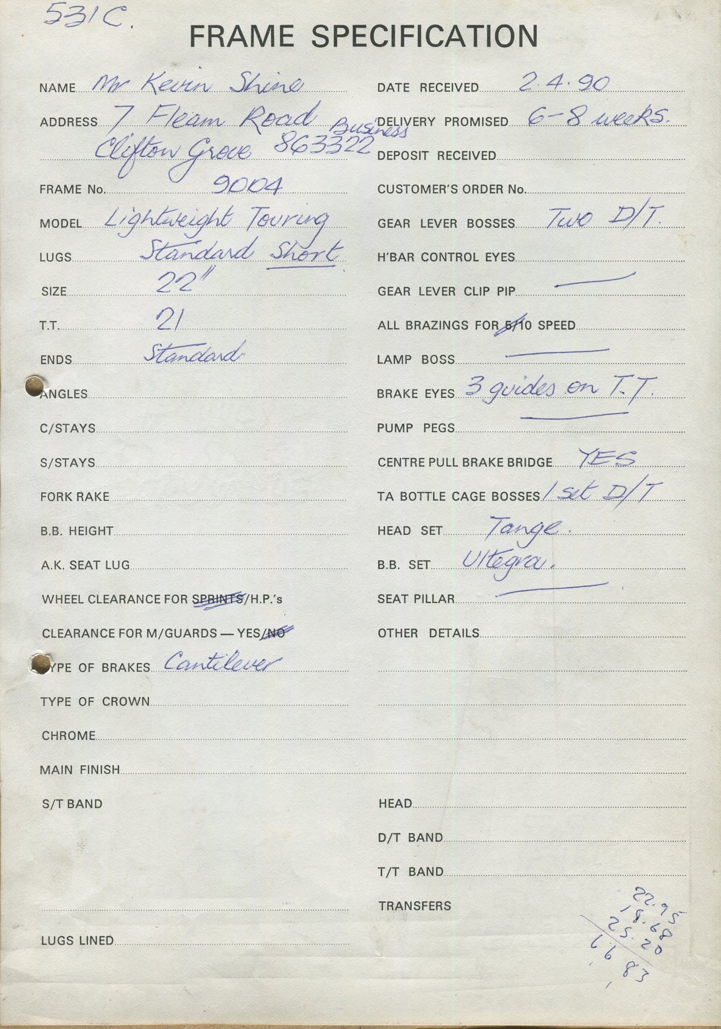 Workshop sheet for Superbe frame 9004