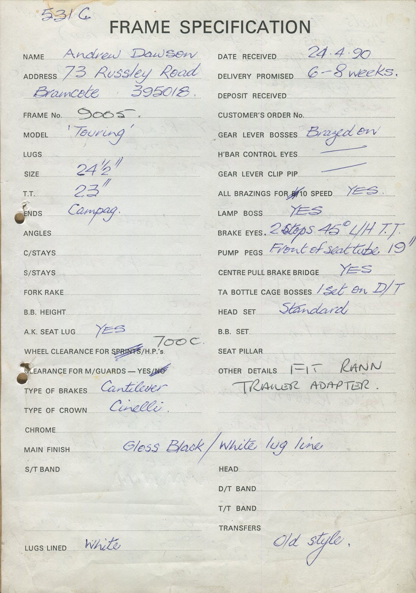 Workshop sheet for Superbe frame 9005