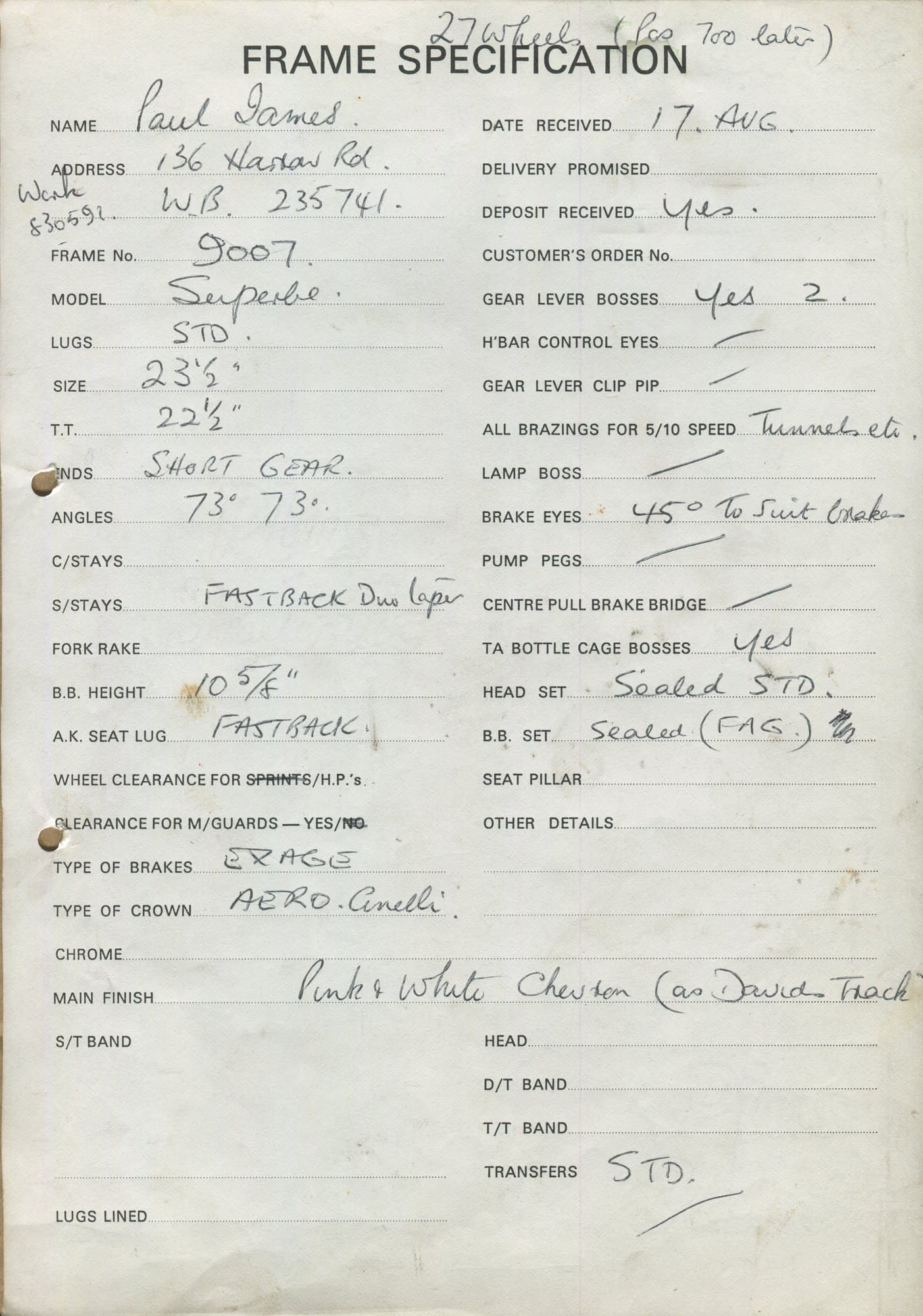 Workshop sheet for Superbe frame 9007