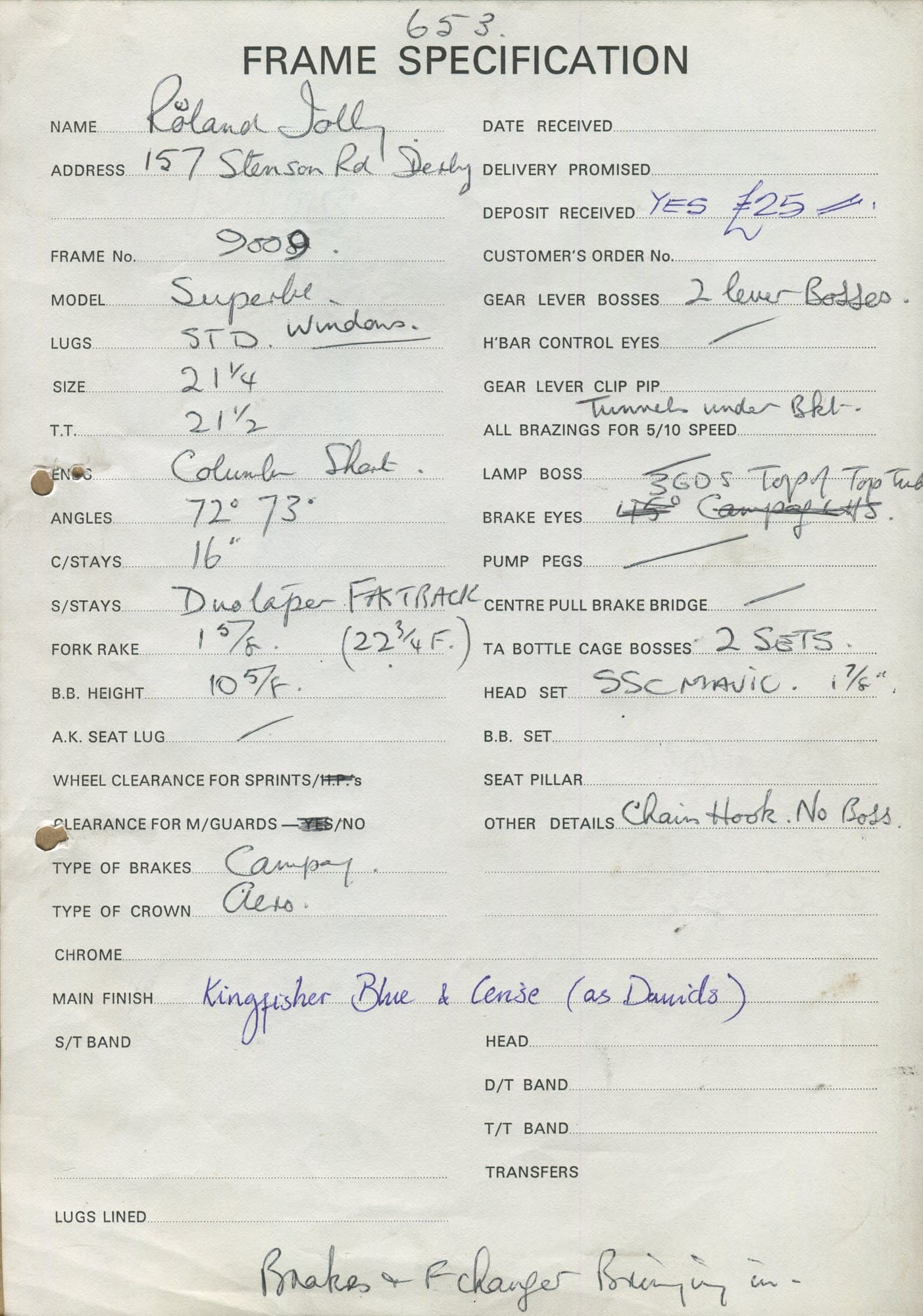 Workshop sheet for Superbe frame 9009