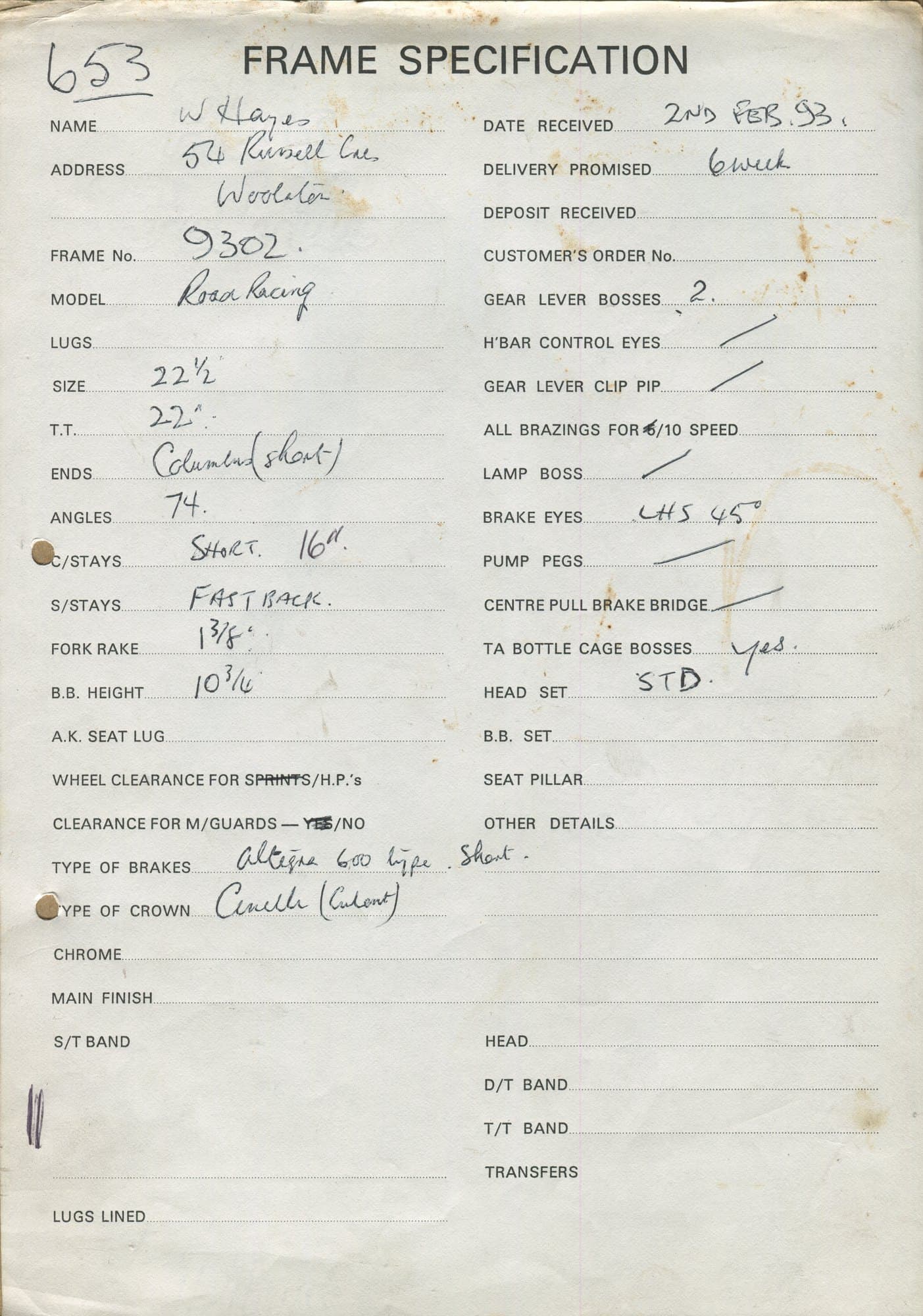 Workshop sheet for Superbe frame 9302
