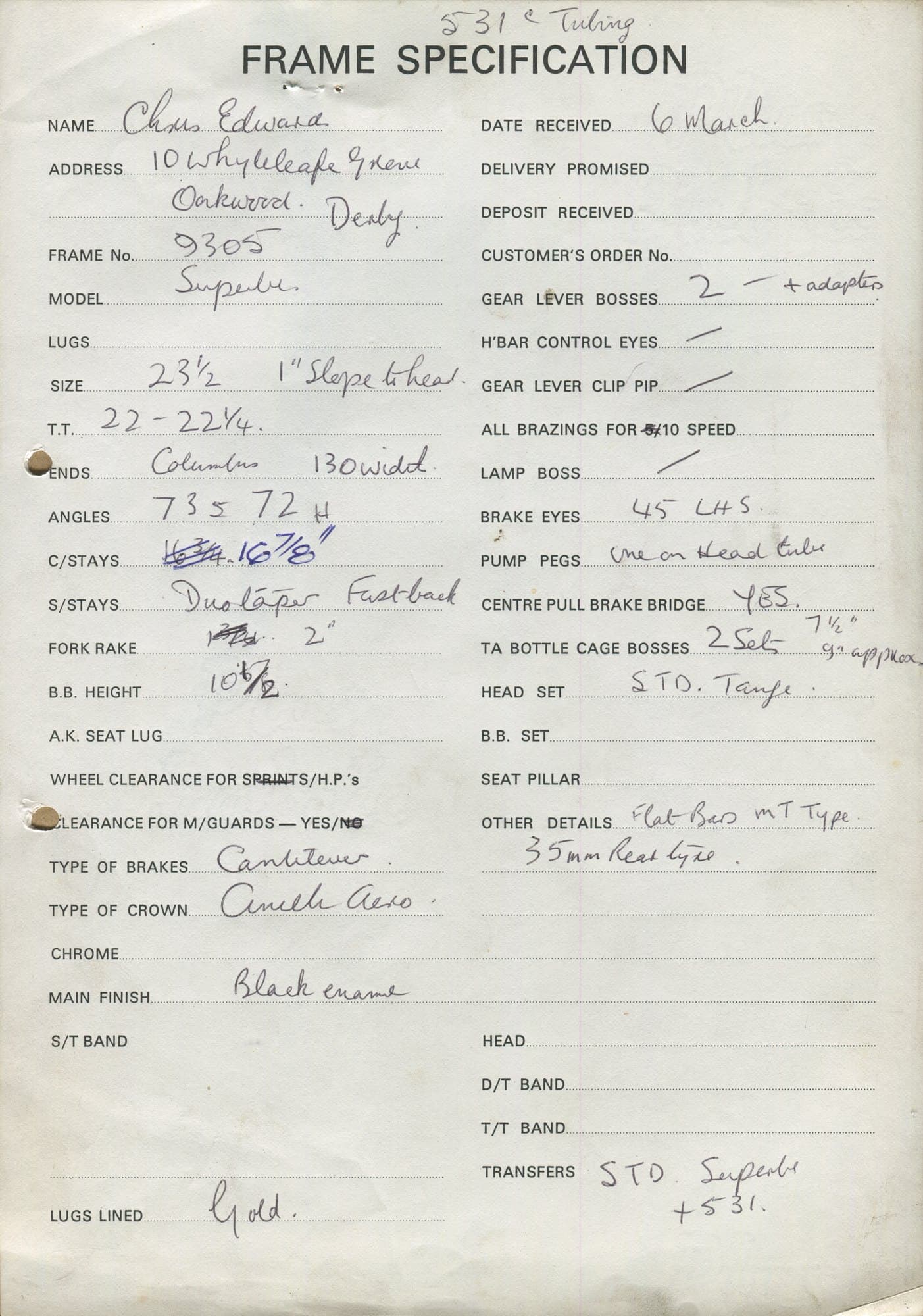 Workshop sheet for Superbe frame 9305