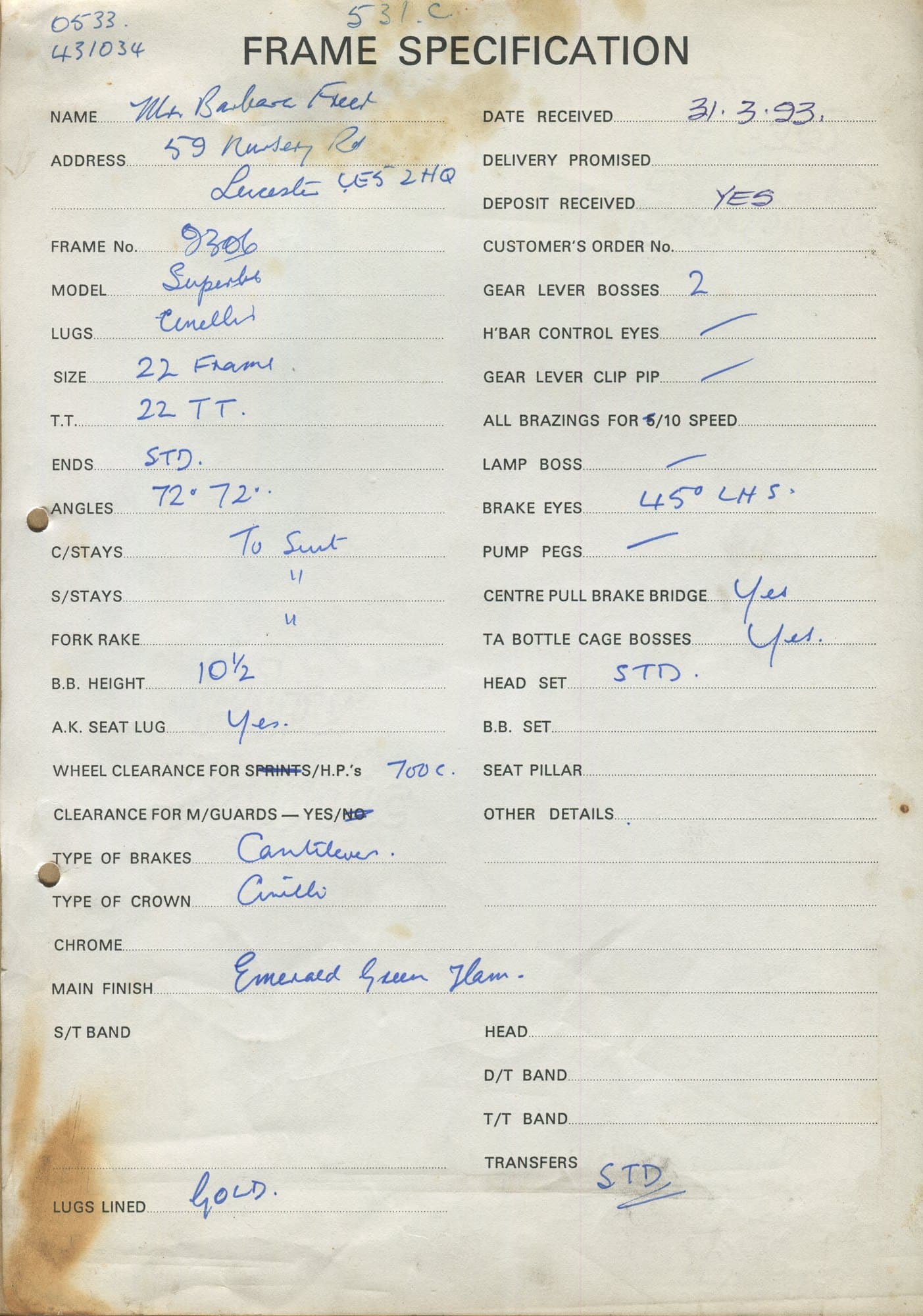 Workshop sheet for Superbe frame 9306