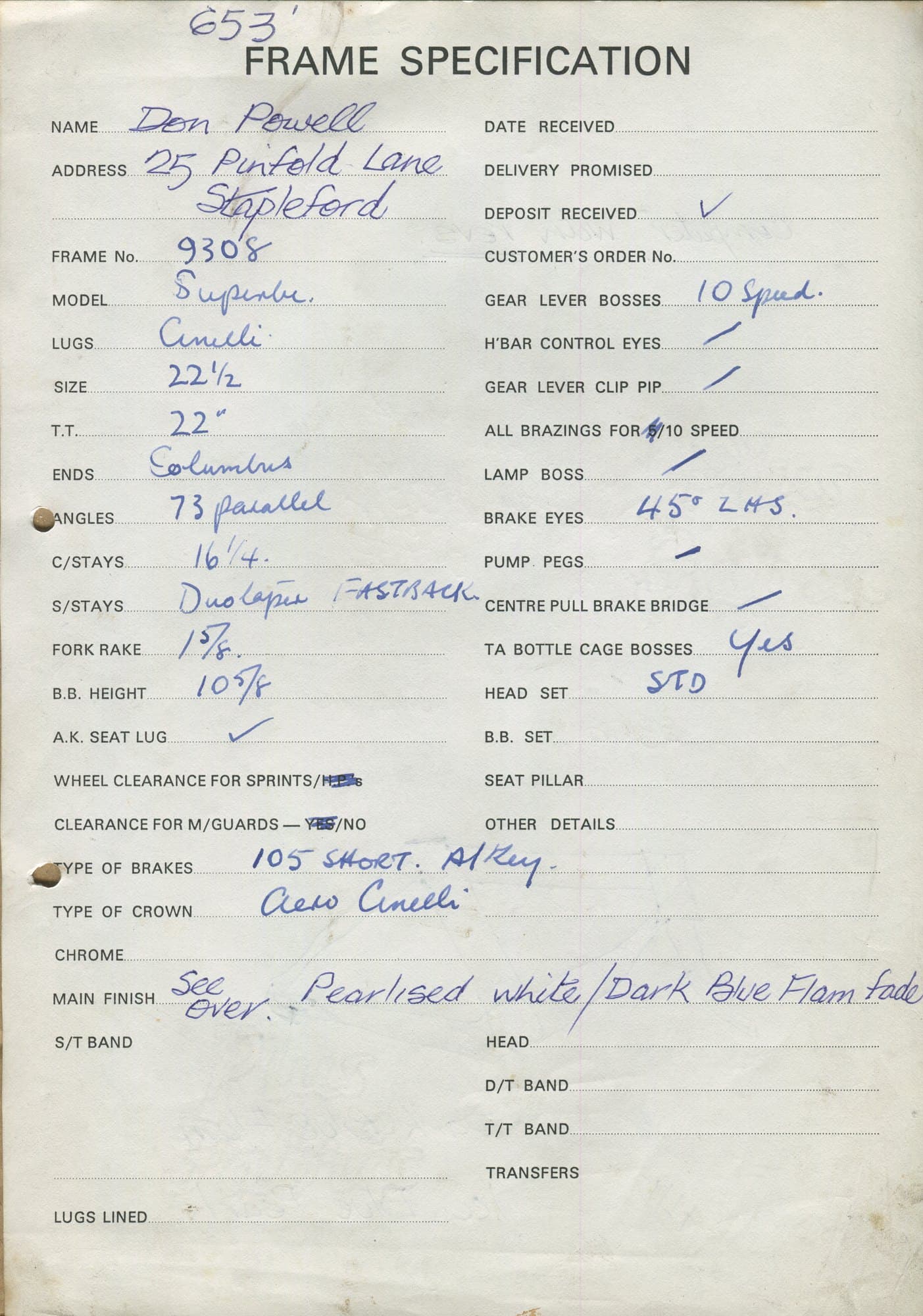 Workshop sheet for Superbe frame 9308