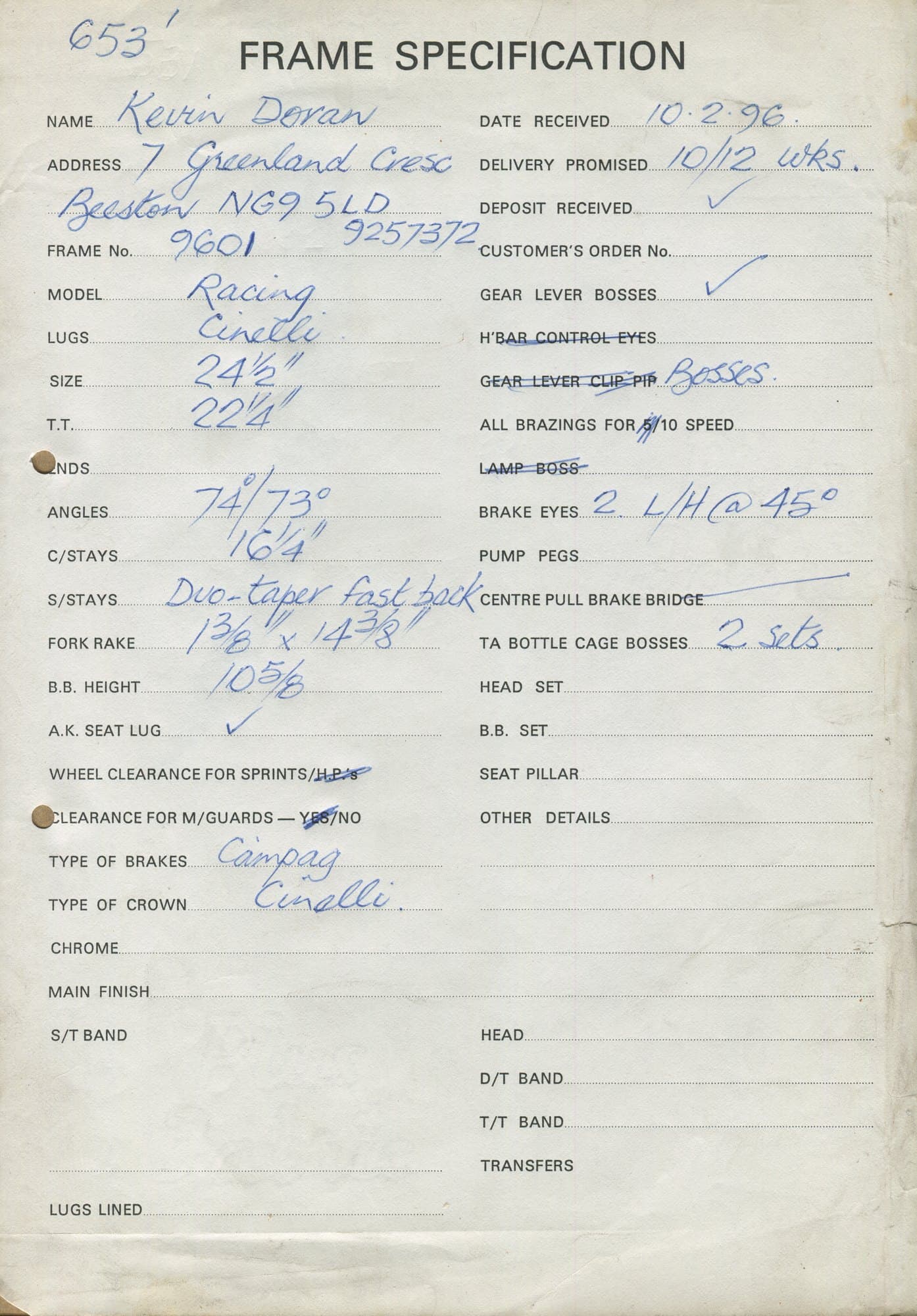 Workshop sheet for Superbe frame 9601