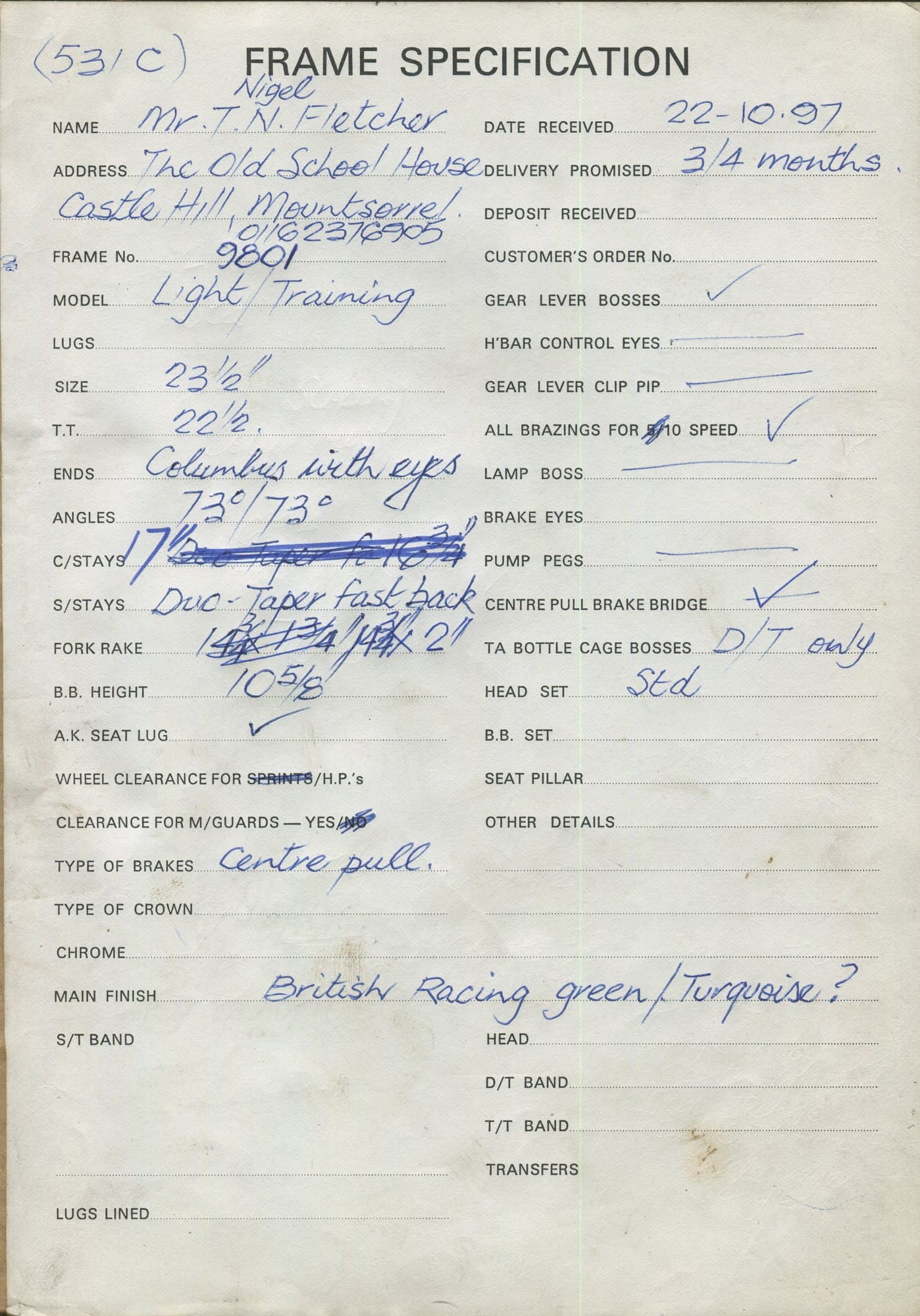 Workshop sheet for Superbe frame 9801