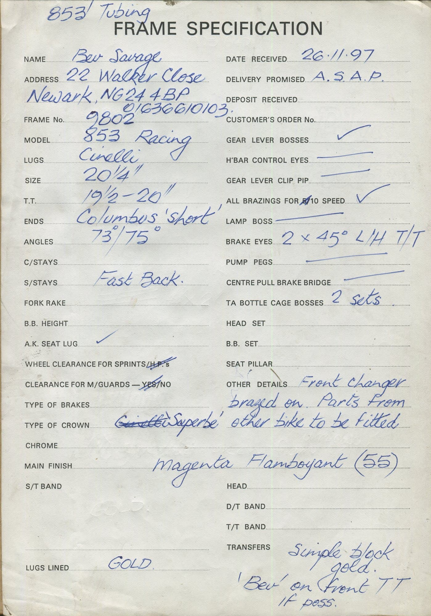 Workshop sheet for Superbe frame 9802