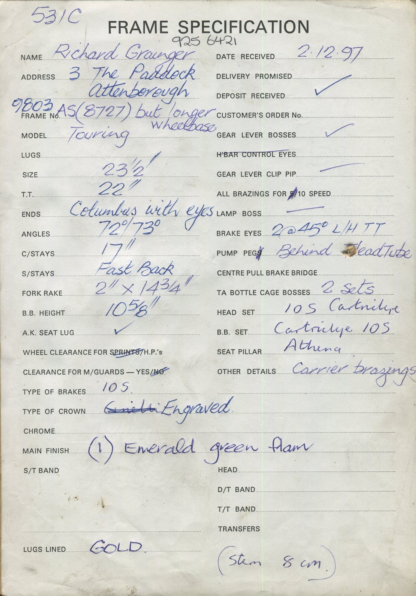 Workshop sheet for Superbe frame 9803